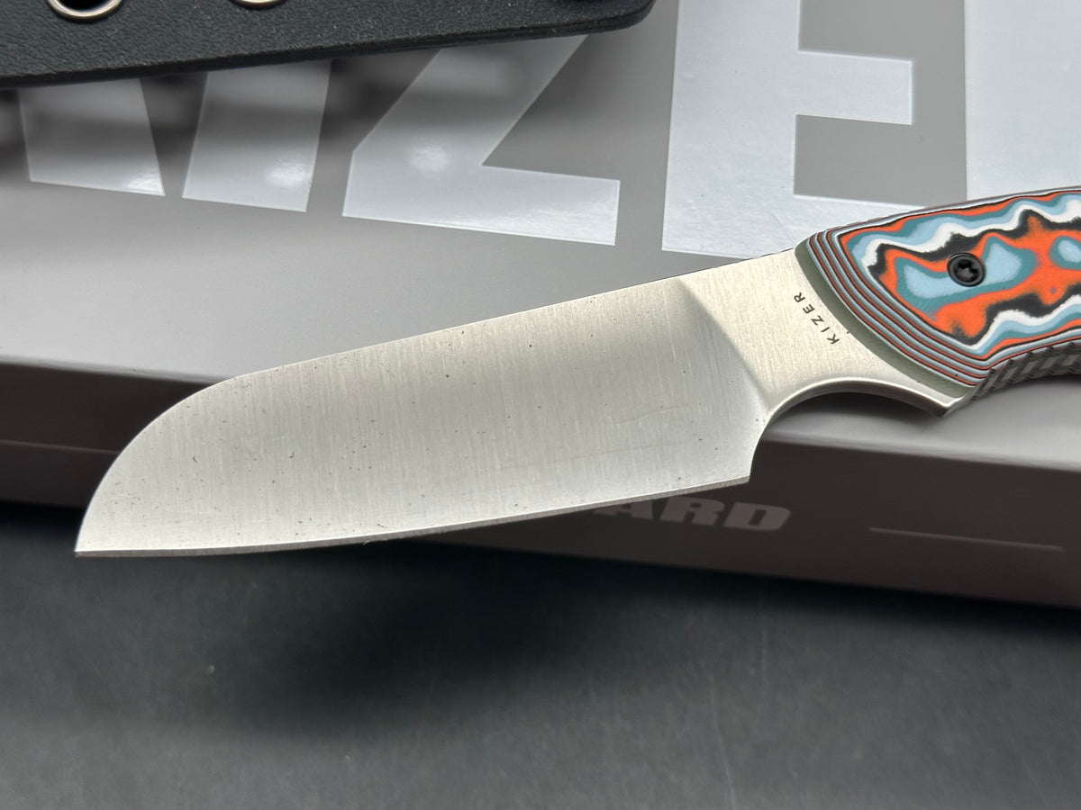 KIZER WHIP TAIL FIXED BLADE KNIFE COLOR VORTEX MICARTA/GID G10 HANDLE AEB-L SHEEPSFOOT