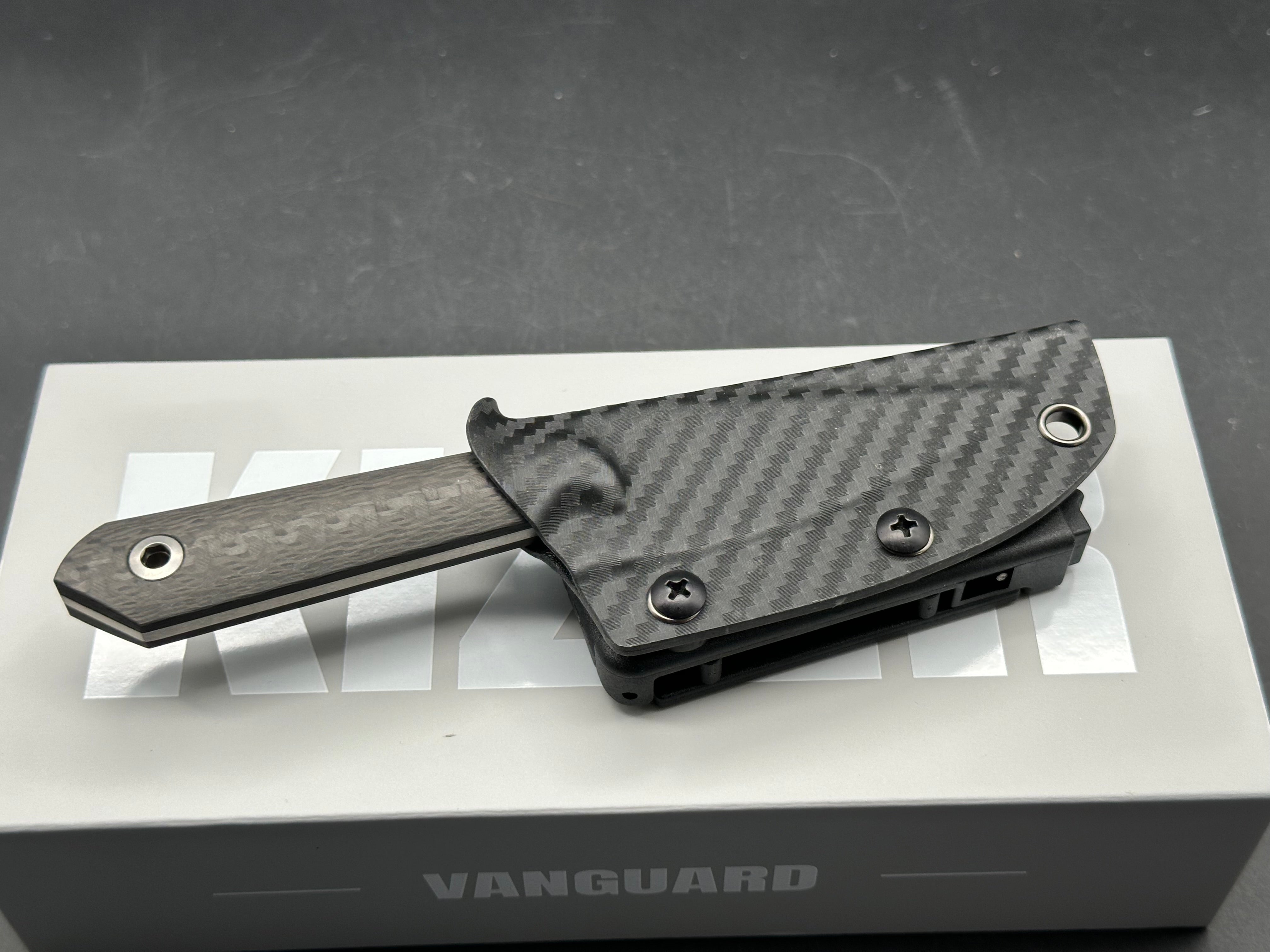 KIZER MINI HARPOON FIXED BLADE KNIFE BLACK CARBON FIBER HANDLE M390 DROP POINT PLAIN EDGE SATIN FINISH