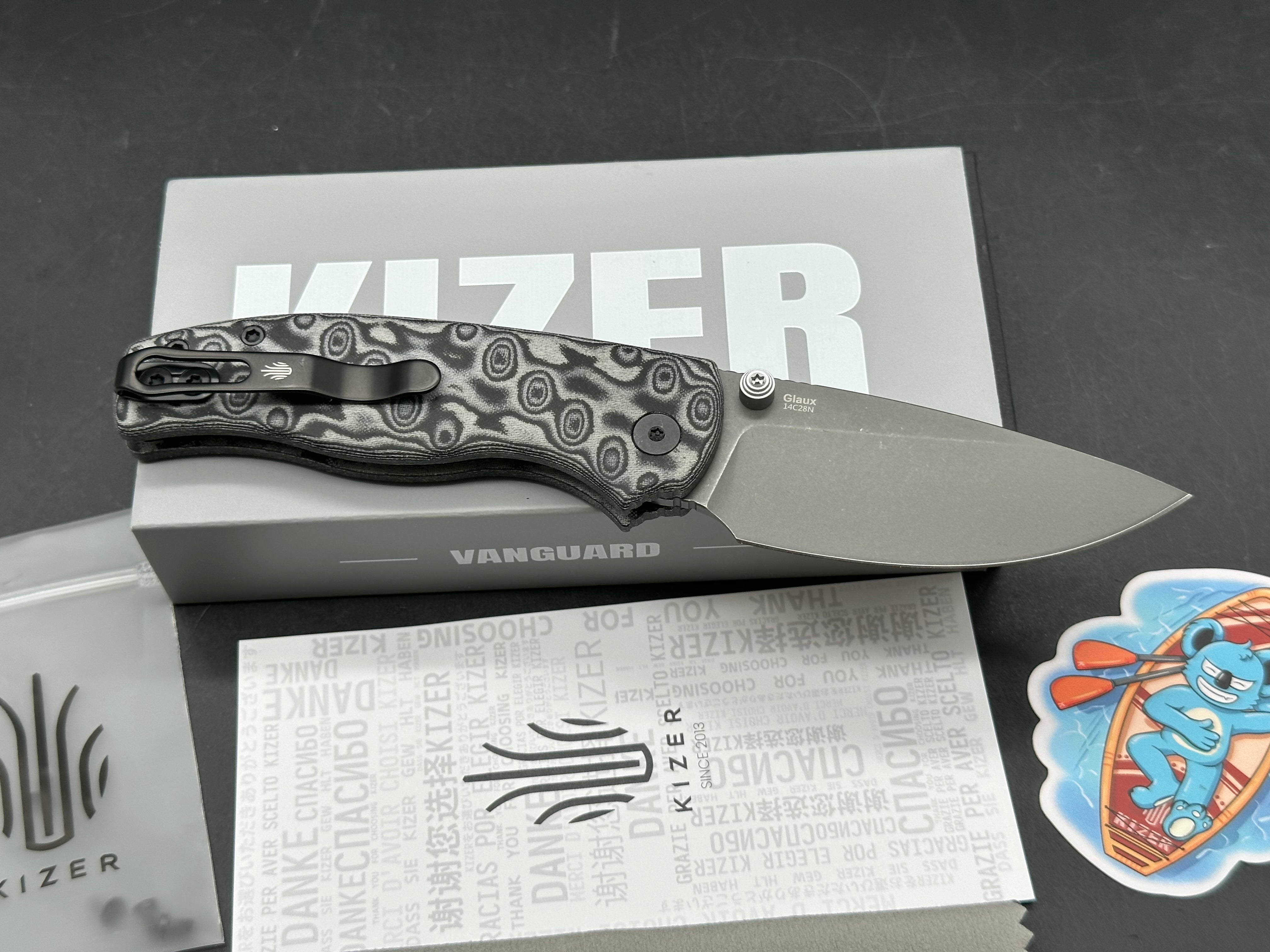 KIZER GLAUX FOLDING KNIFE BLACK VORTEX PATTERN MICARTA HANDLE 14C28N DROP POINT PLAIN EDGE GRAY PVD/STONEWASH FINISH