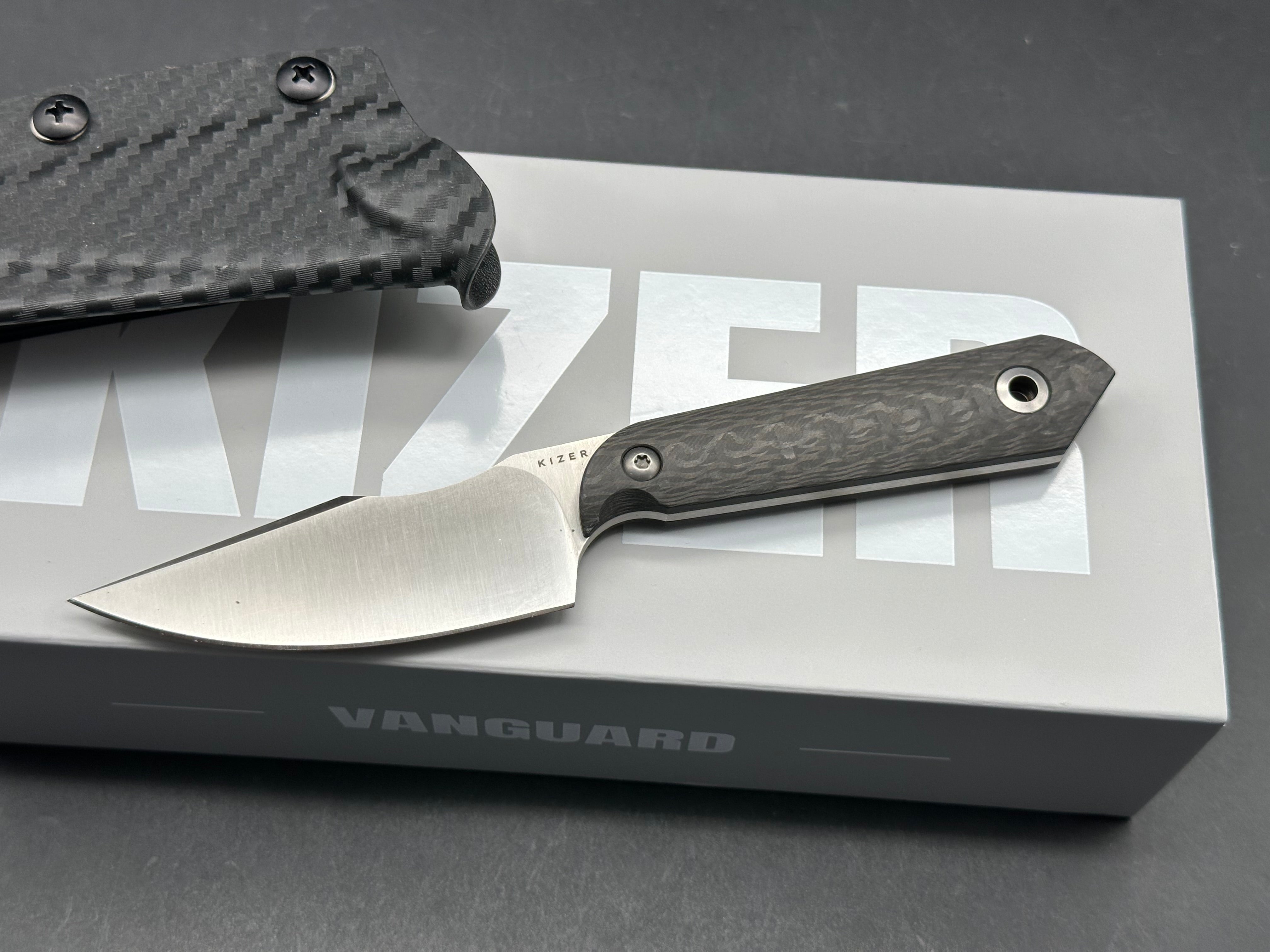 KIZER MINI HARPOON FIXED BLADE KNIFE BLACK CARBON FIBER HANDLE M390 DROP POINT PLAIN EDGE SATIN FINISH