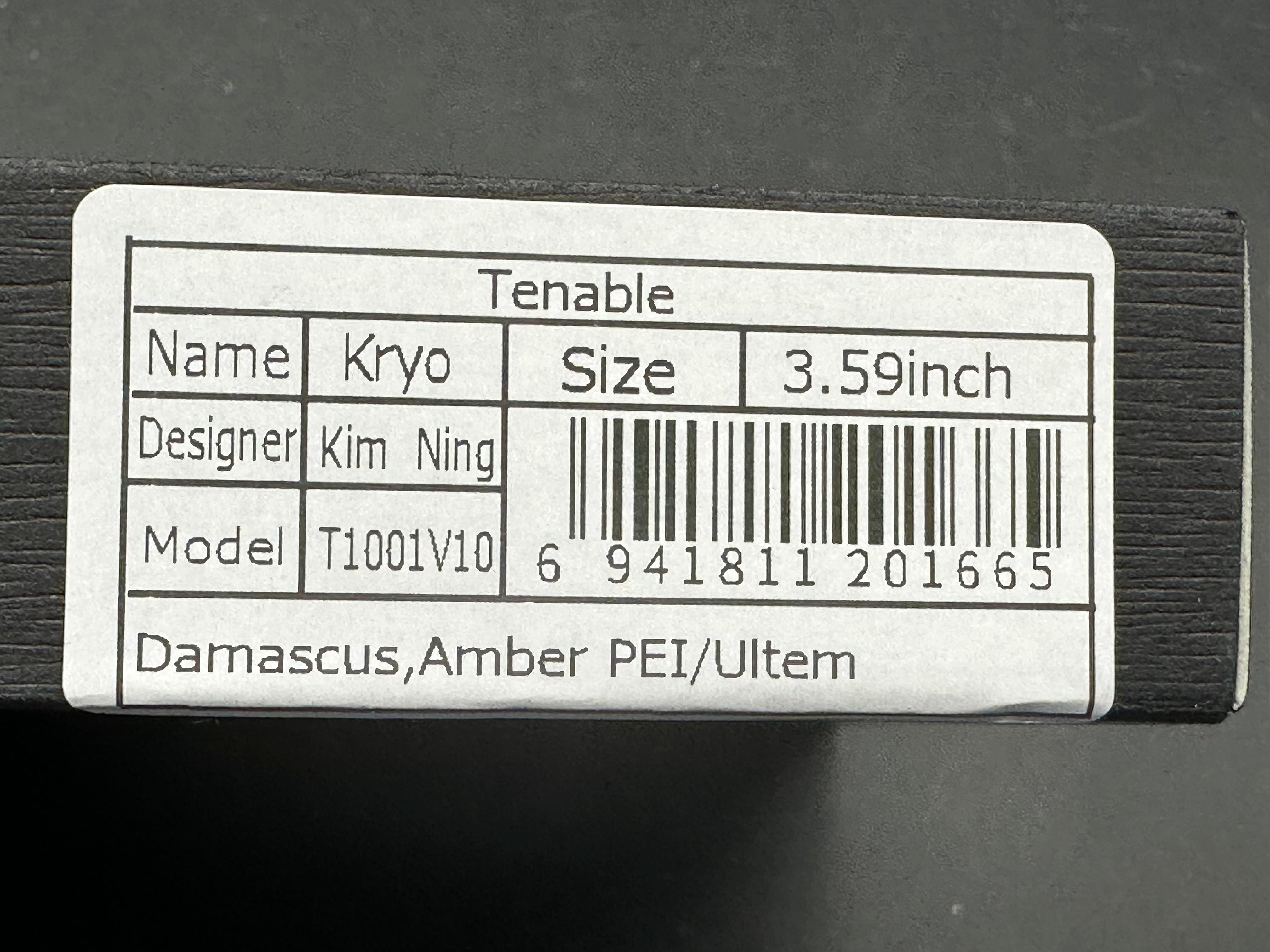 TENABLE KRYO FOLDING KNIFE AMBER PEI/ULTEM HANDLE DAMASCUS DROP POINT PLAIN EDGE