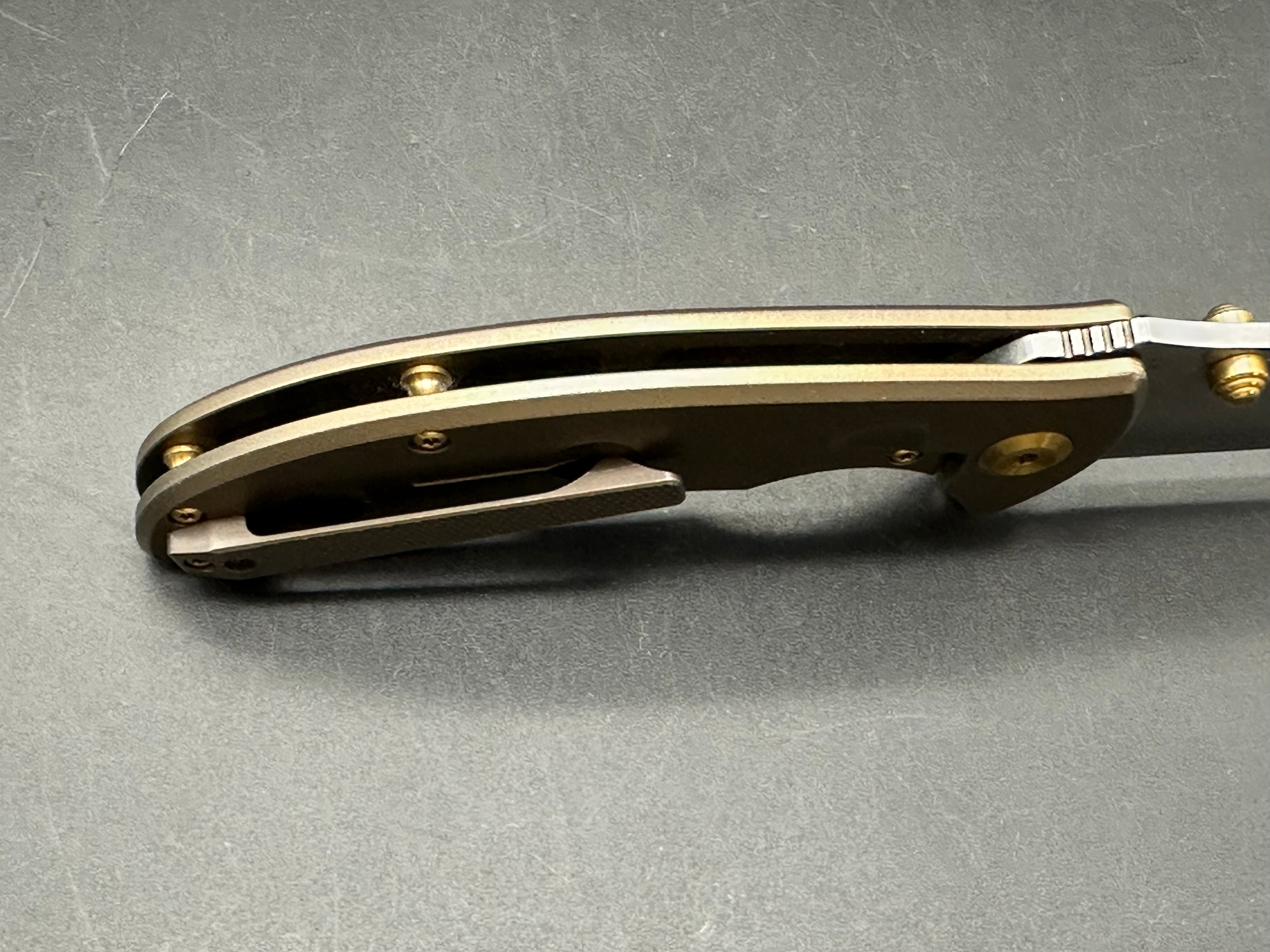 KANSEPT REI FOLDING KNIFE ORANGE PEEL BRONZE TITANIUM HANDLE 20CV PLAIN EDGE STONEWASH FINISH