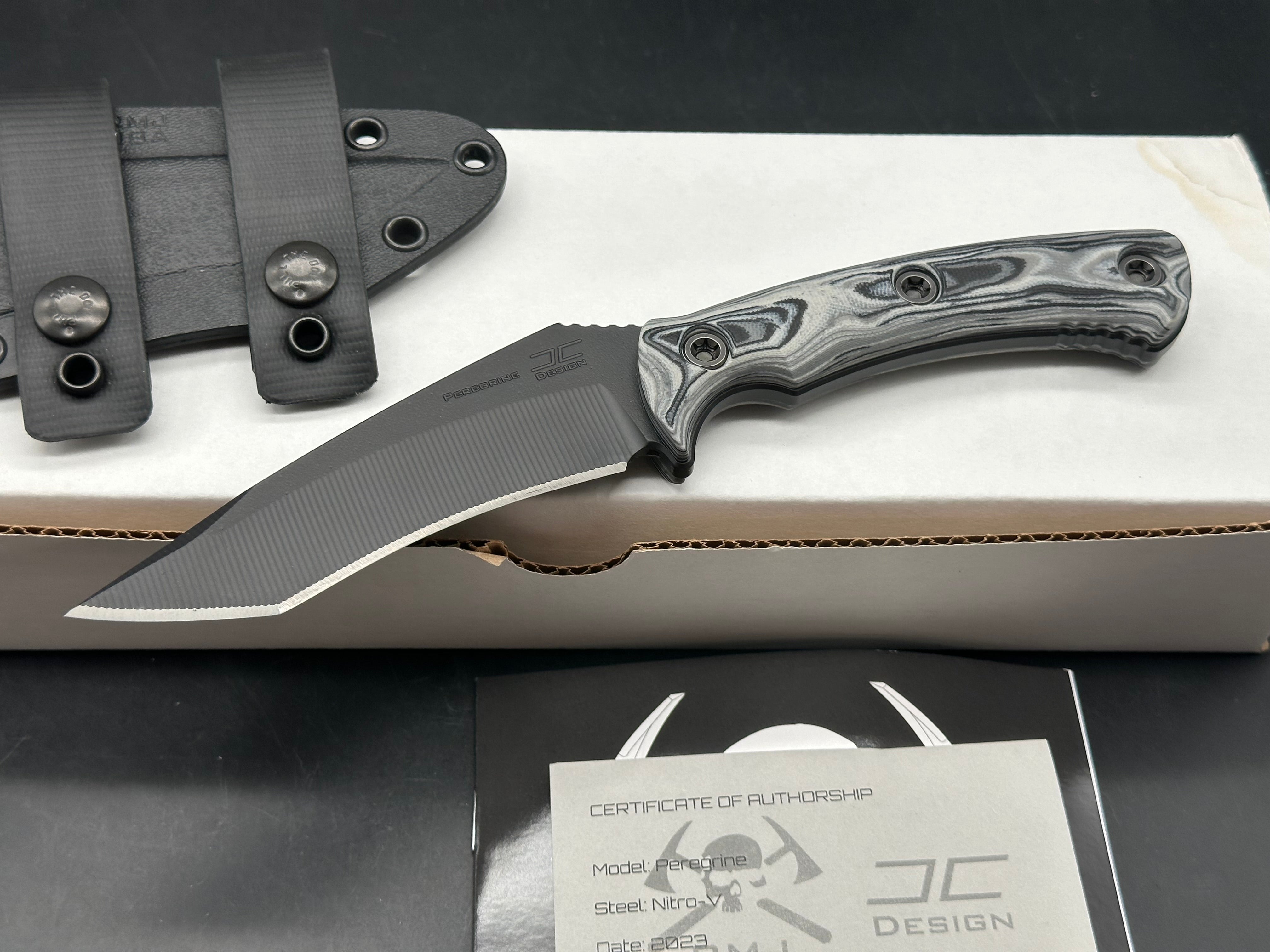 RMJ Tactical Peregrine DLT Exclusive with Urban Camo handles. Black Nitro-V blade