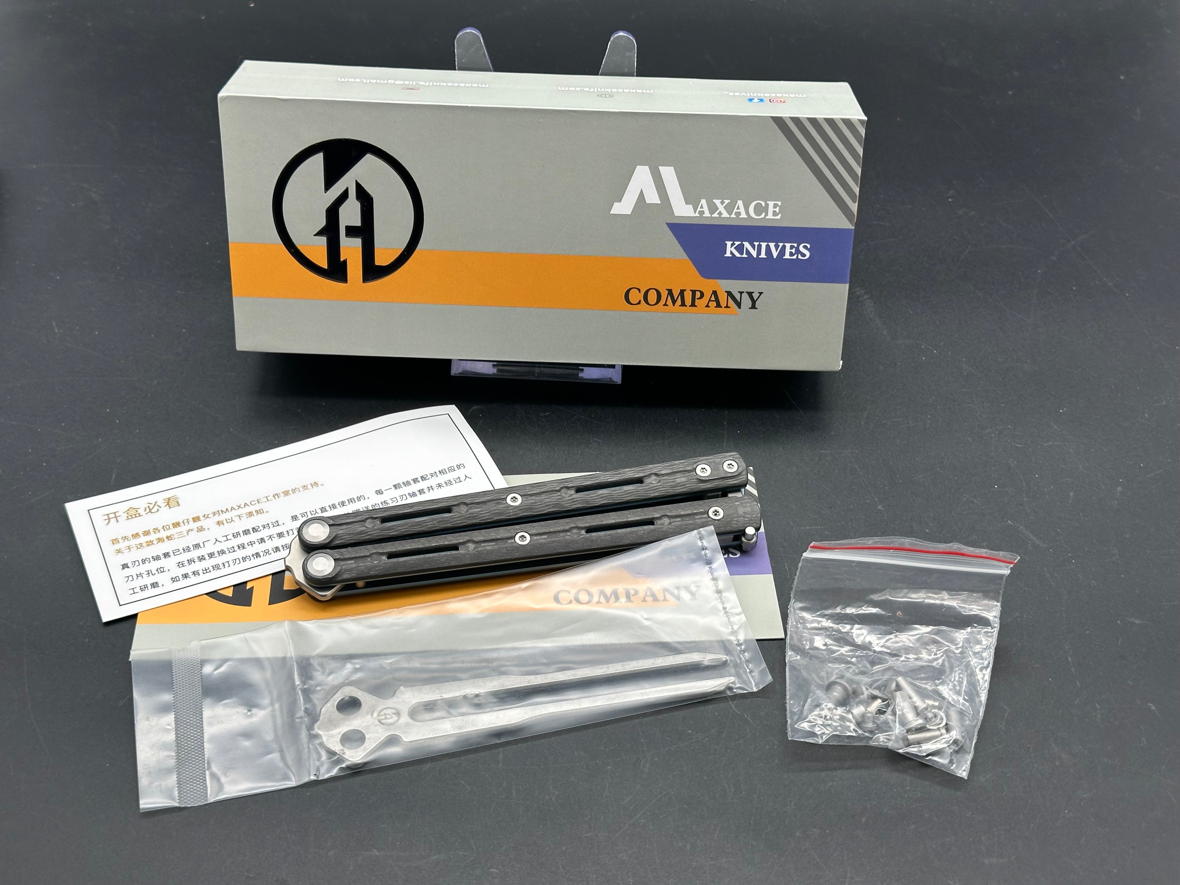 Maxace/ Midnight Cat Serpent Striker V3 Balisong/Blue Ti Liners Carbon Fiber Overlays Bohler M390