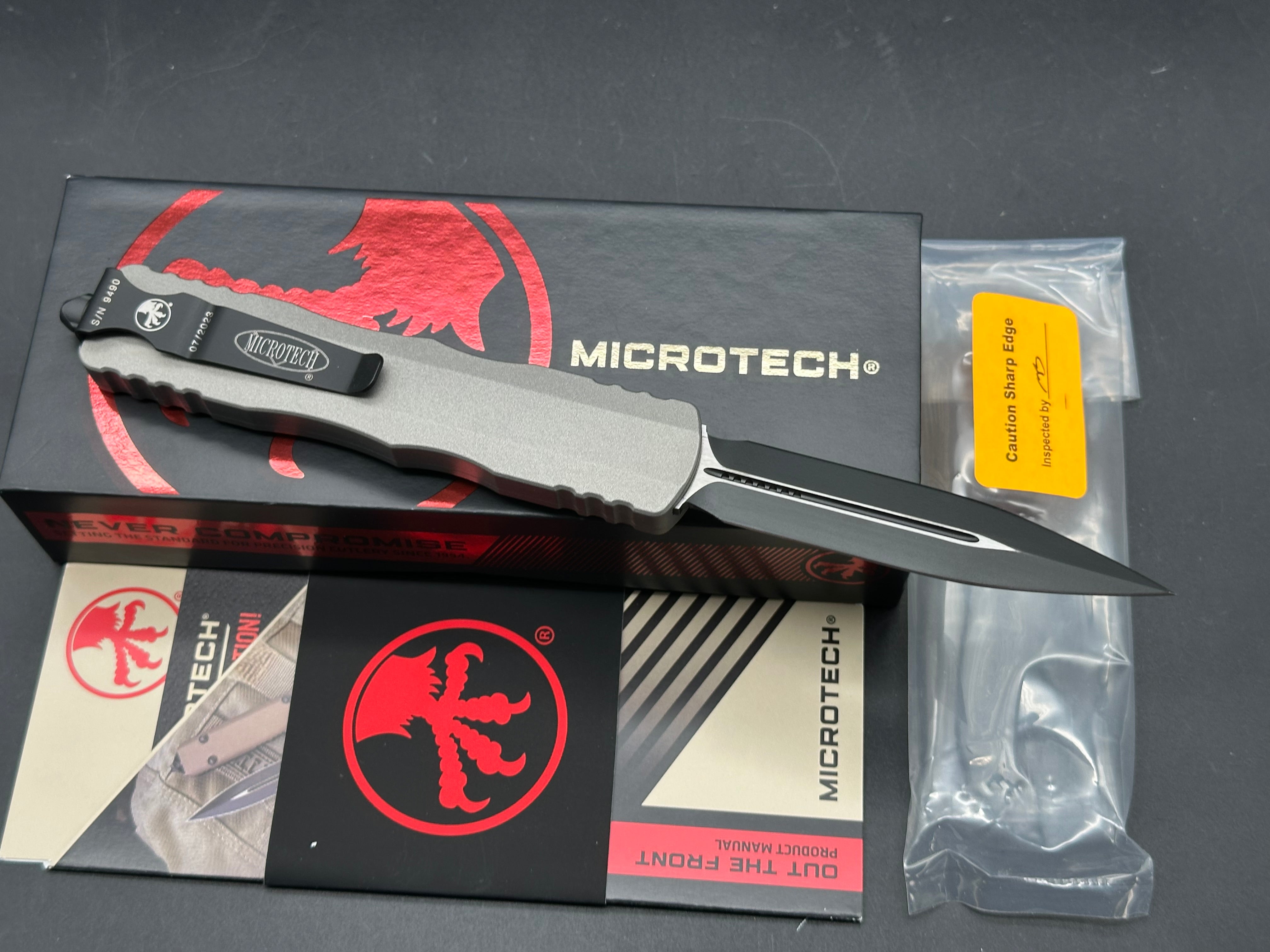 Microtech 227-1TG Dirac Delta AUTO OTF Knife 3.79" Black Double Edge Dagger Blade, Titanium Gray Aluminum Handles