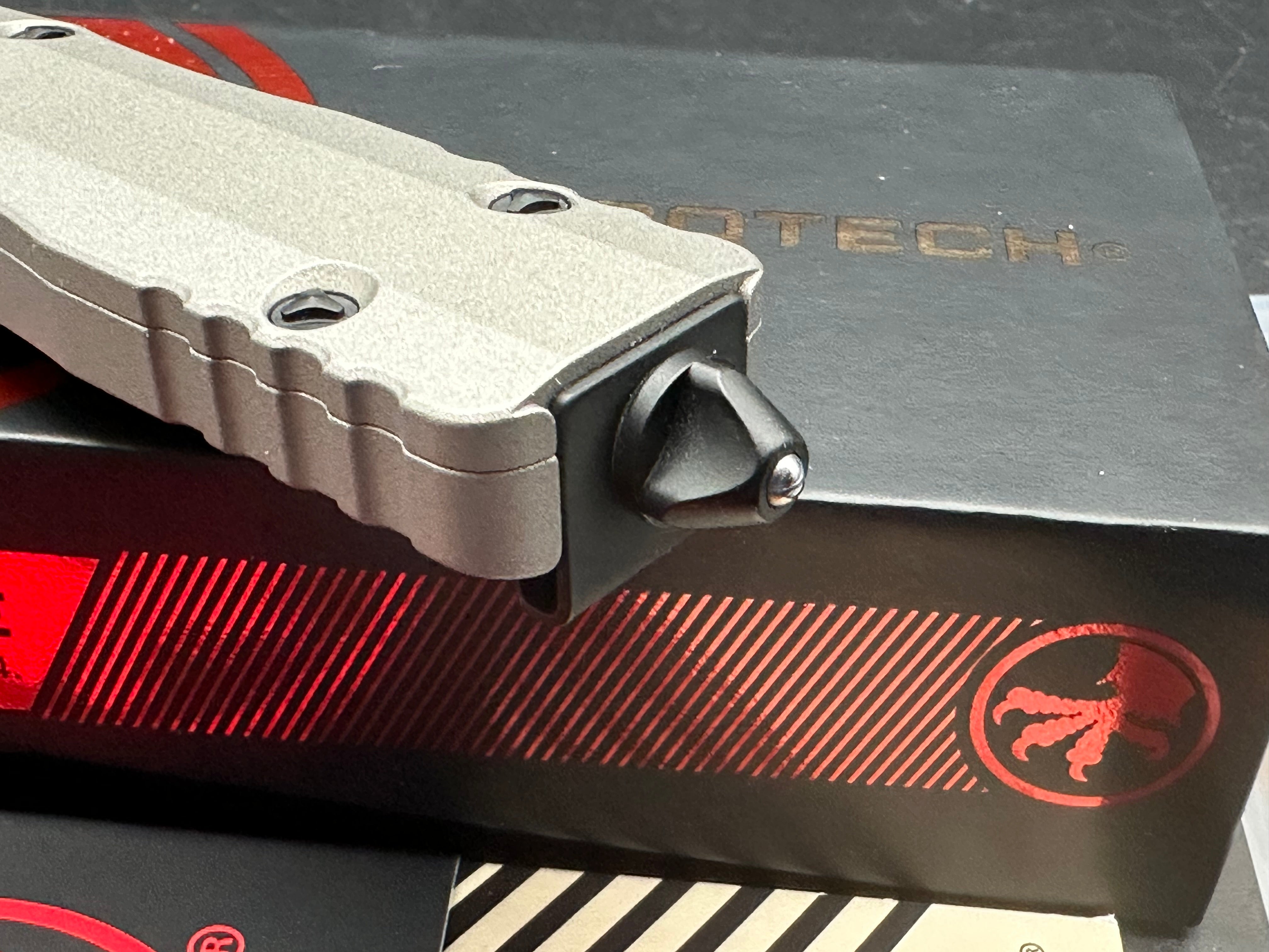 Microtech 227-1TG Dirac Delta AUTO OTF Knife 3.79" Black Double Edge Dagger Blade, Titanium Gray Aluminum Handles