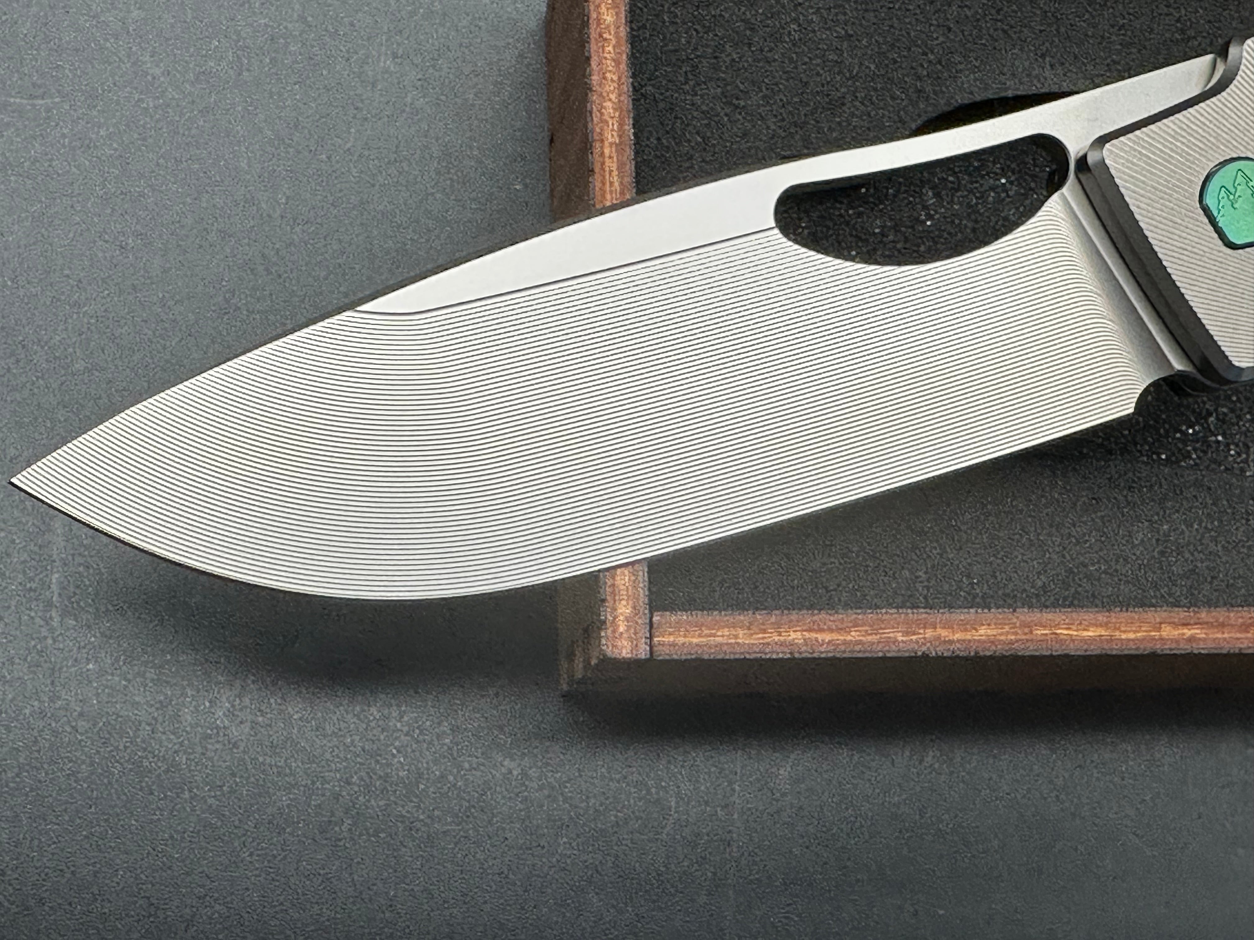 Rob Johnson Cedar Custom Build #430 - Zirblasted Micromilled Vanax Blade / Zirblasted Radial Pattern Titanium Scales with Green Hardware zirc blasted Vanax