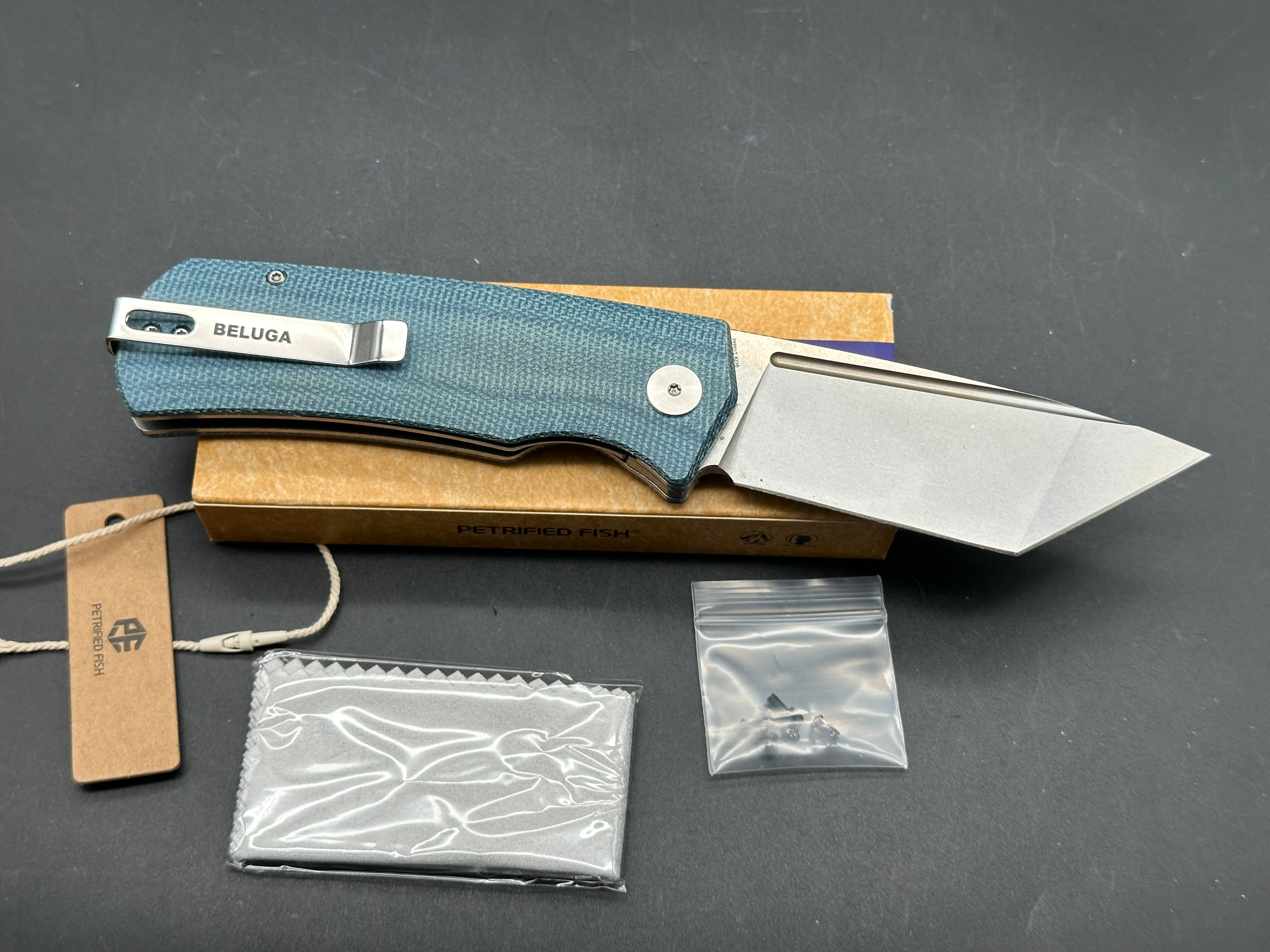 Petrified Fish Beluga Blue Micarta tanto blade