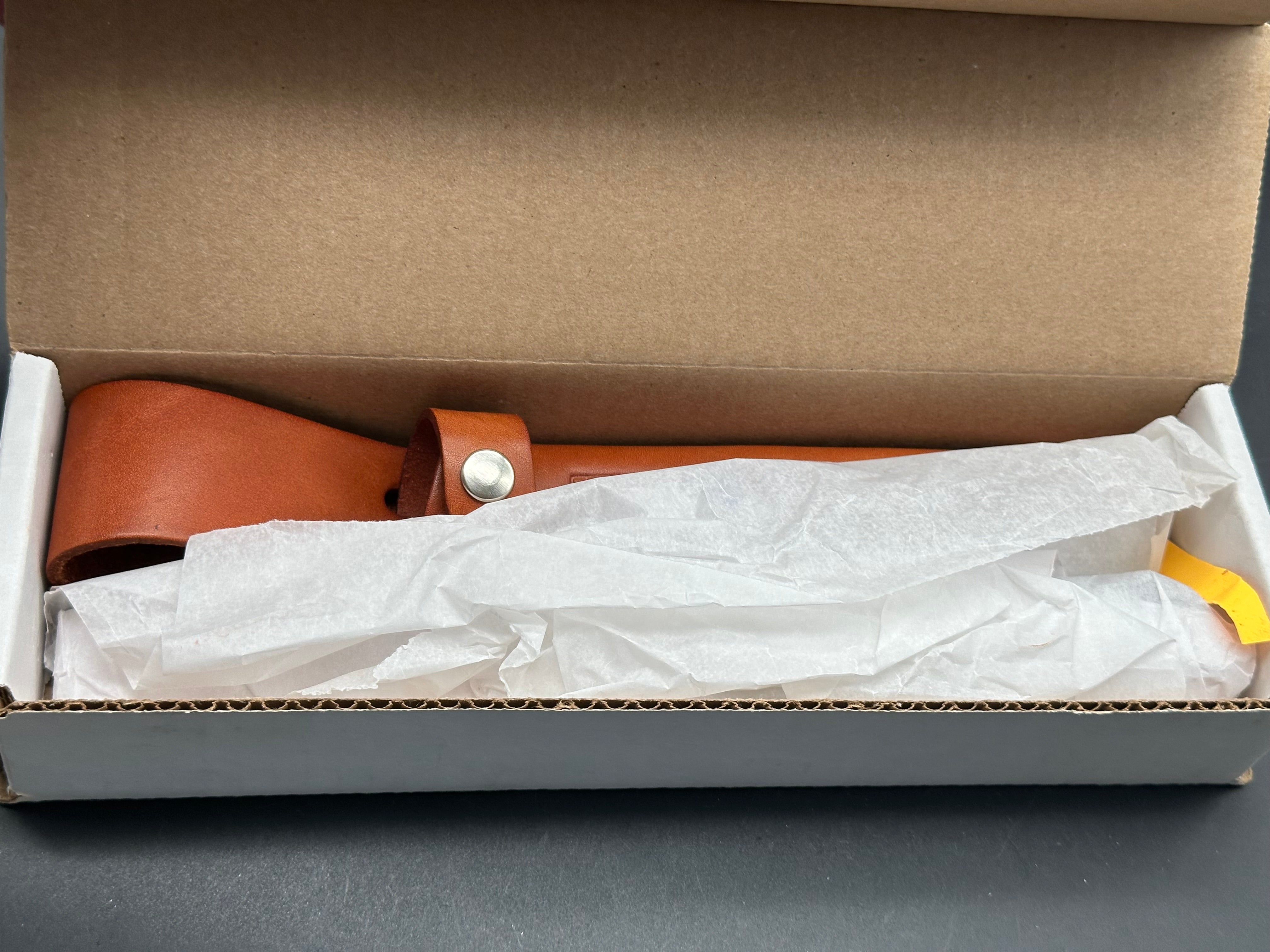 Bark River Aurora green canvas micarta scales, A-2 tool steel blade, brown leather sheath
