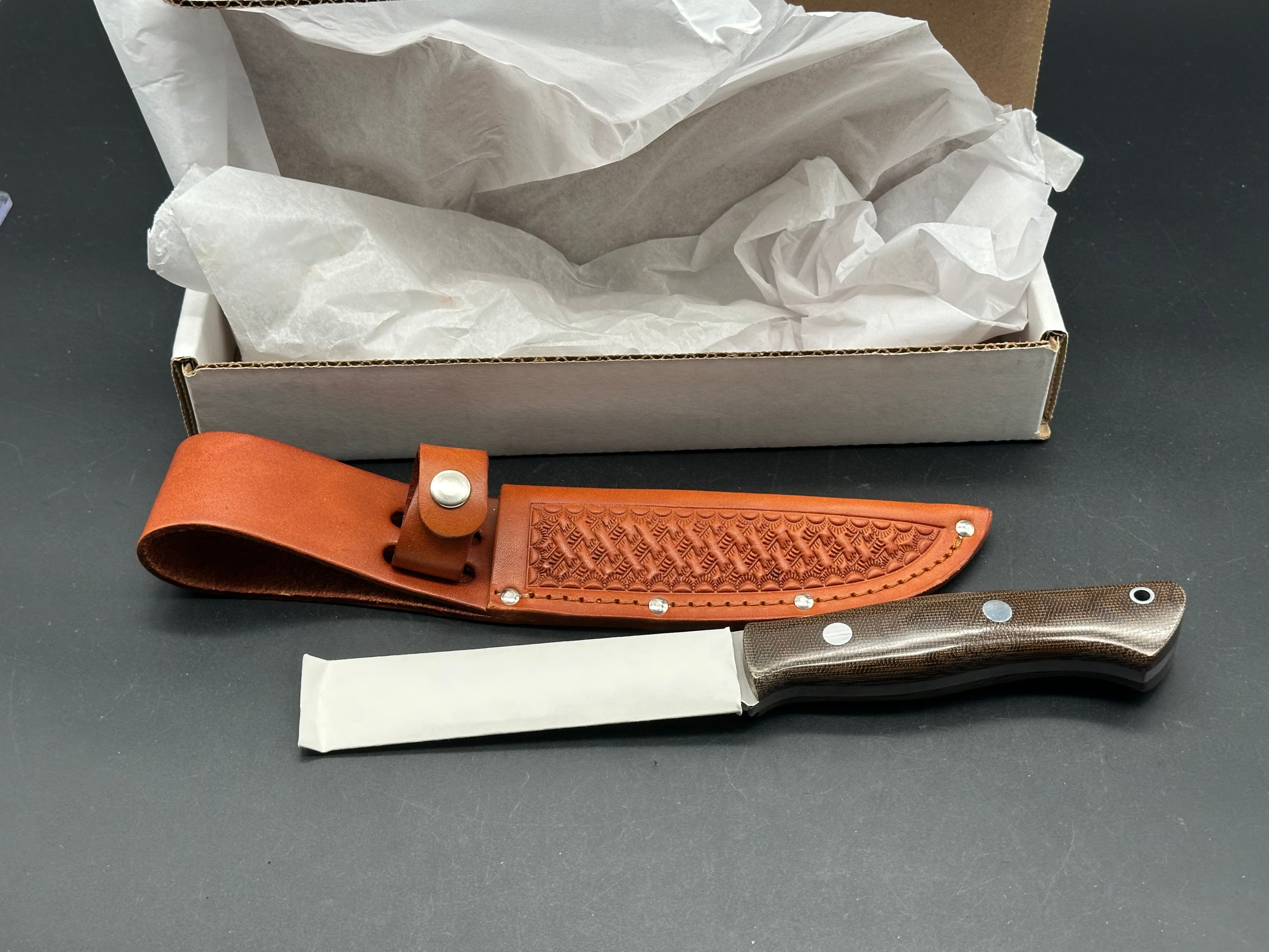 Bark River Aurora green canvas micarta scales, A-2 tool steel blade, brown leather sheath
