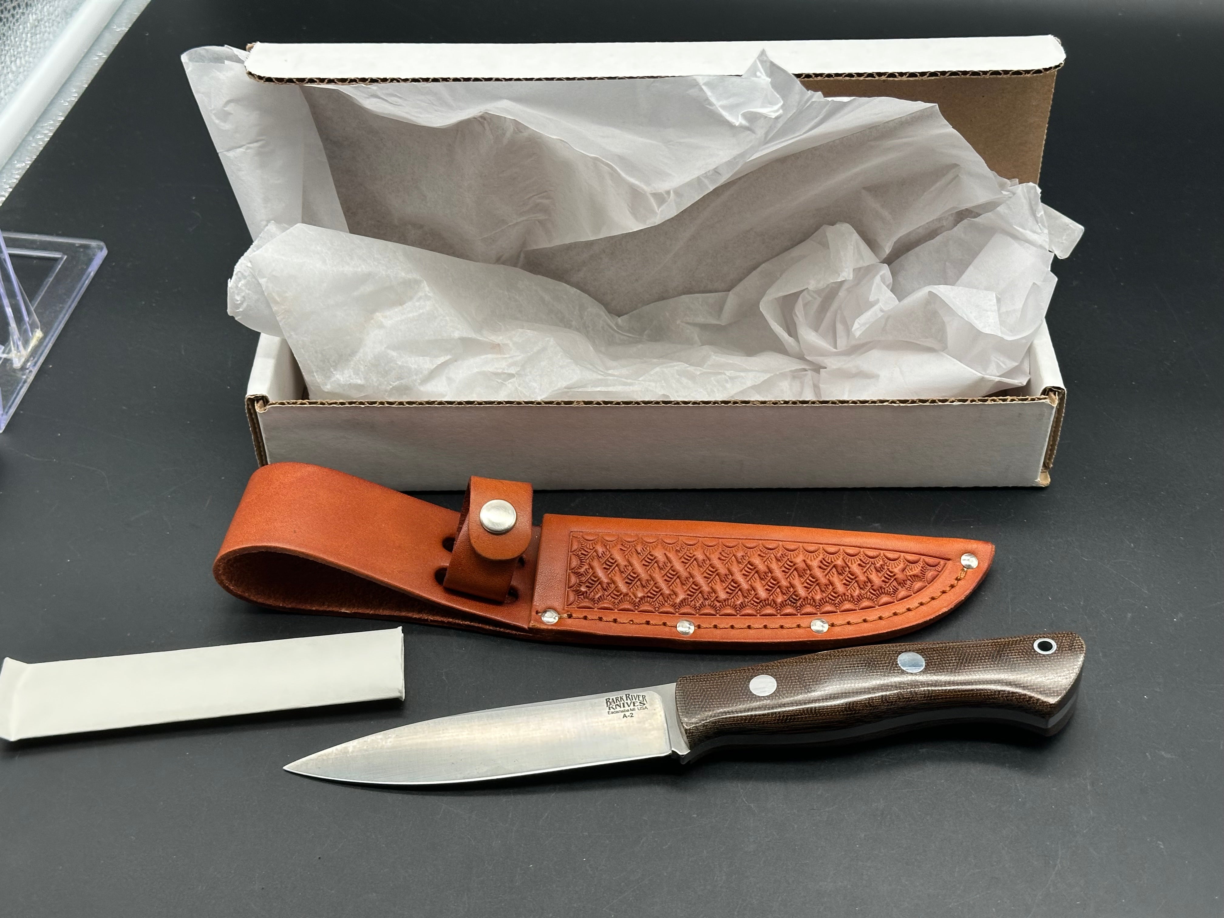 Bark River Aurora green canvas micarta scales, A-2 tool steel blade, brown leather sheath
