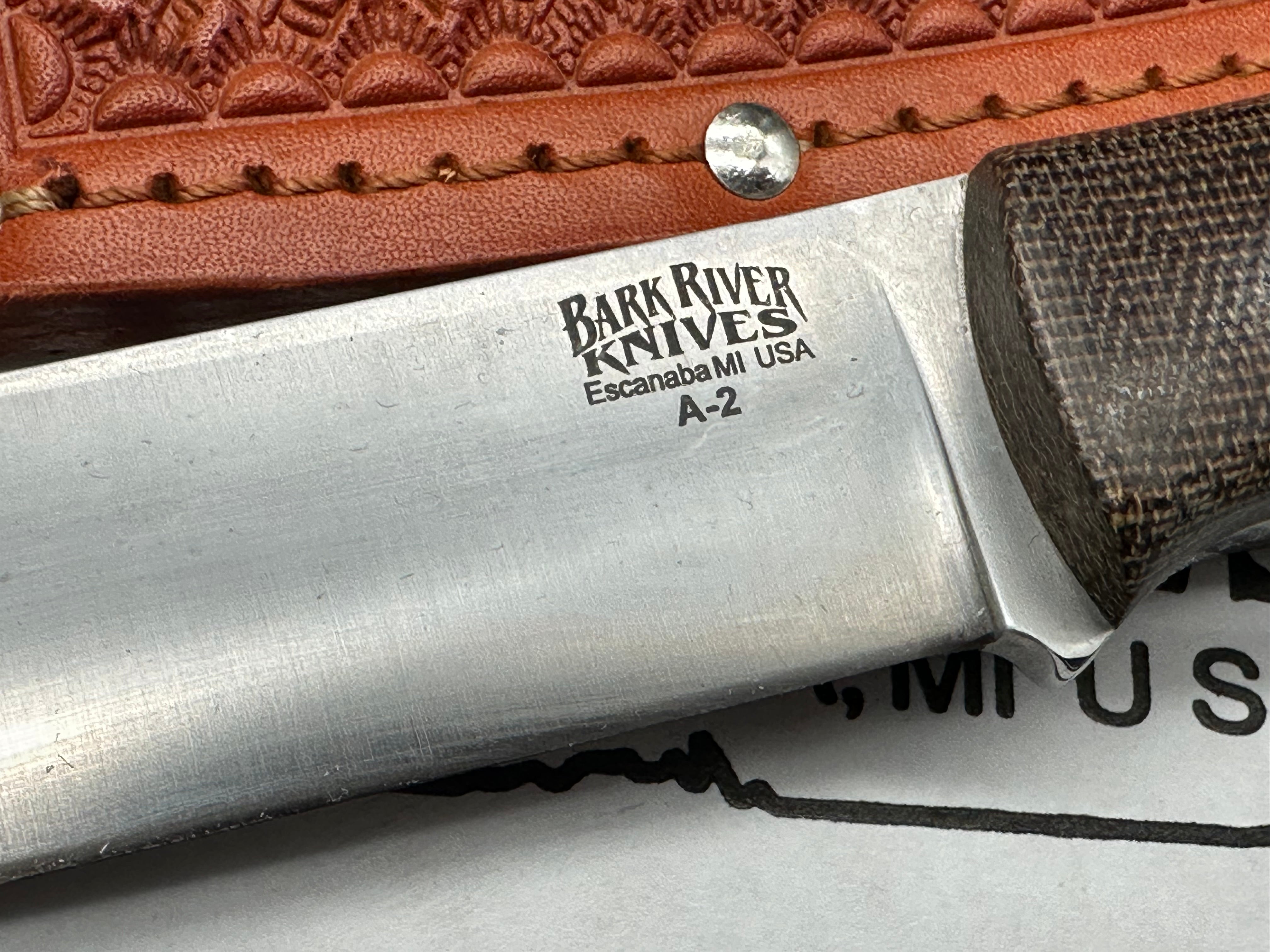 Bark River Aurora green canvas micarta scales, A-2 tool steel blade, brown leather sheath