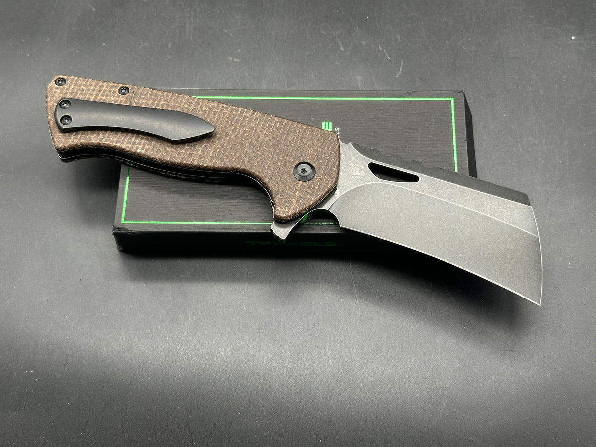 TENABLE LEVIATHAN BROWN MICARTA HANDLE D2 HAWKBILL CLEAVER BLACKWASH FINISH