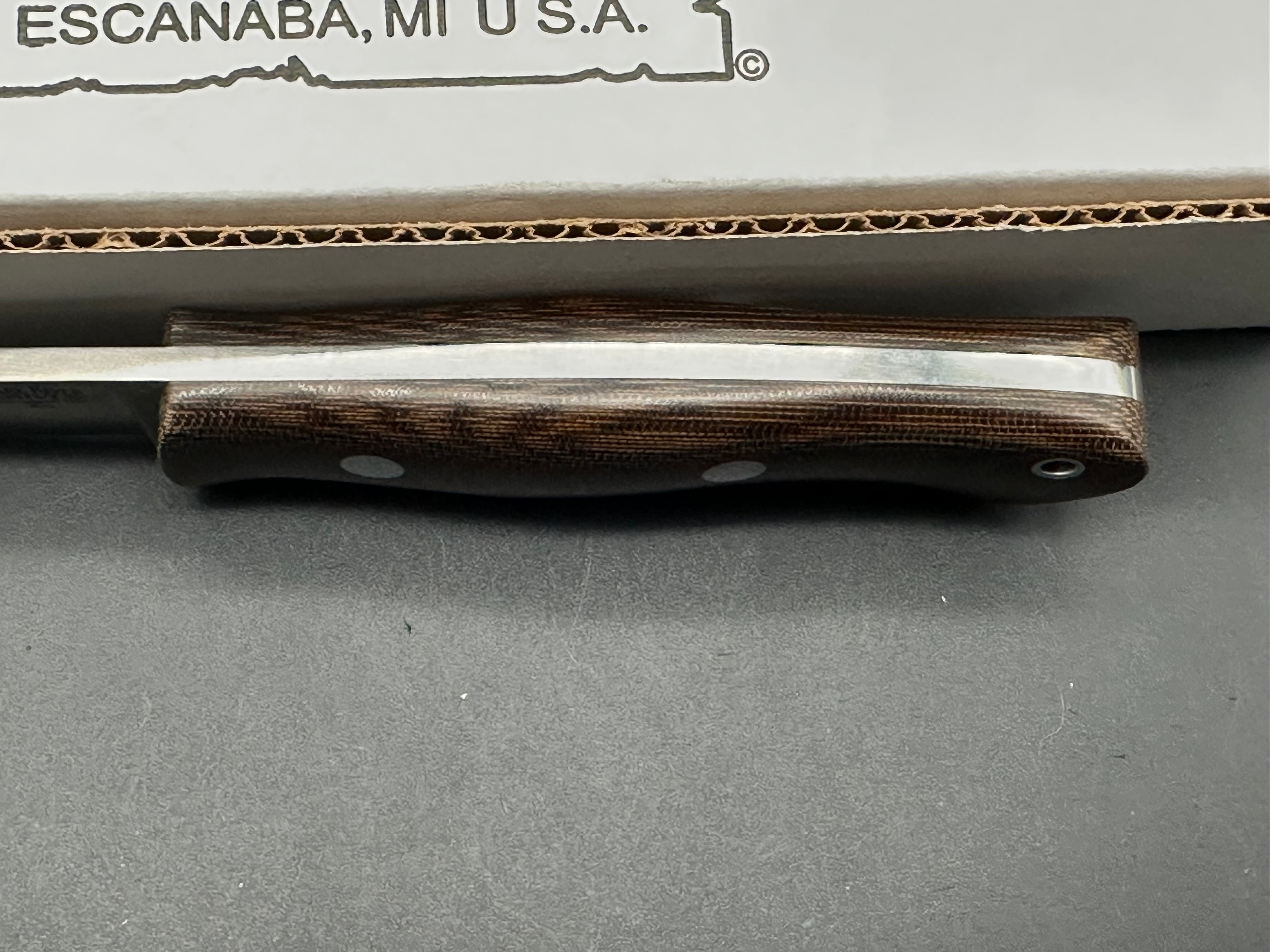 Bark River Aurora green canvas micarta scales, A-2 tool steel blade, brown leather sheath