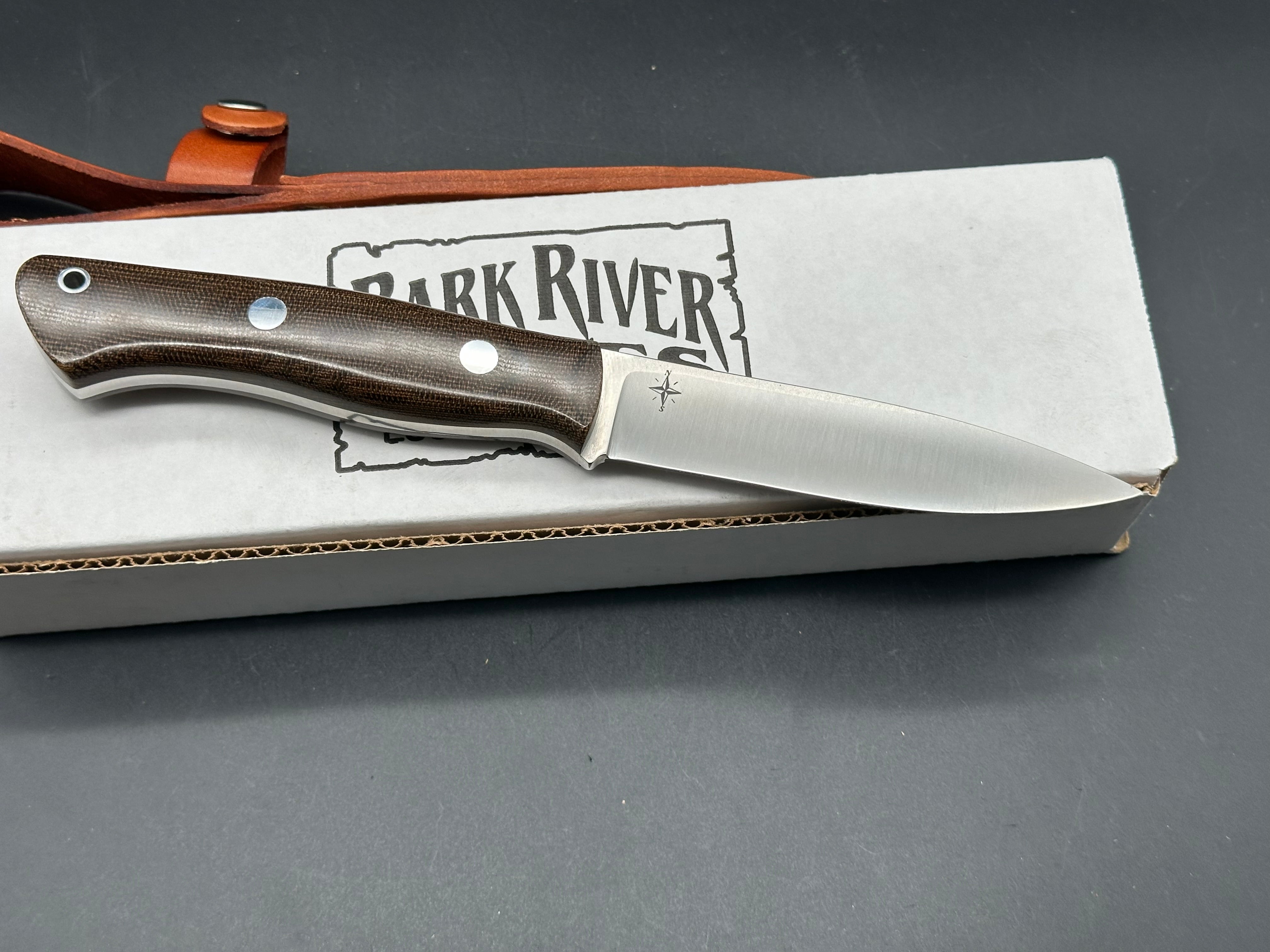 Bark River Aurora green canvas micarta scales, A-2 tool steel blade, brown leather sheath
