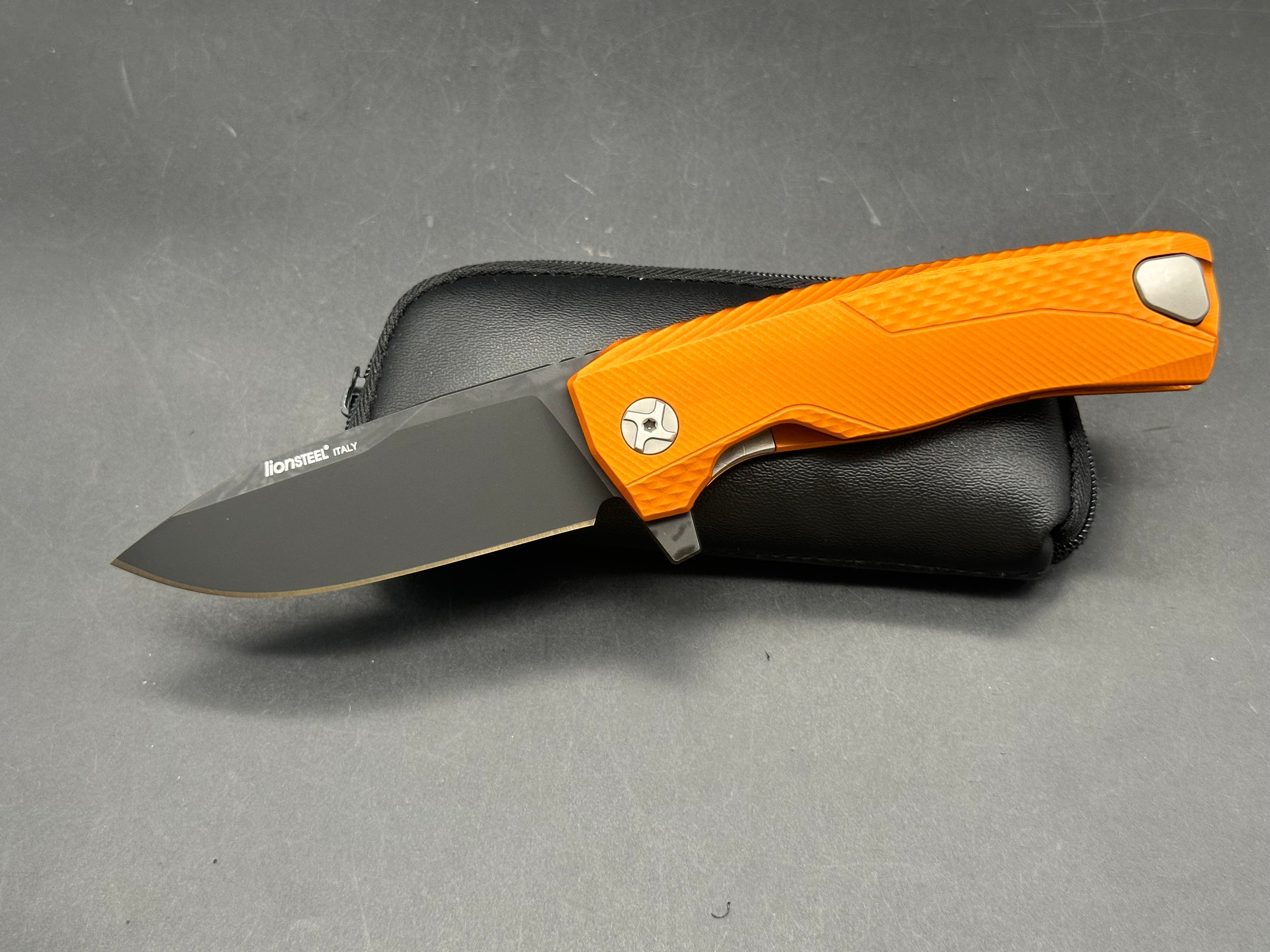 Lionsteel ROK Orange Anodized Aluminum Handle Bohler M390 Black (3.25” DP) Blade