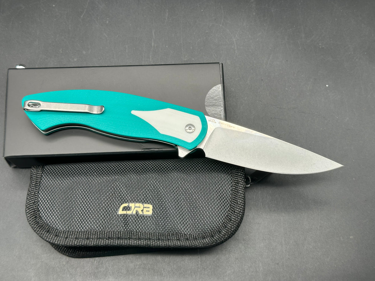 CJRB RODAYO FLIPPER & LINER LOCK GREEN G10 HANDLE STONEWASH AR-RPM9 BLADE