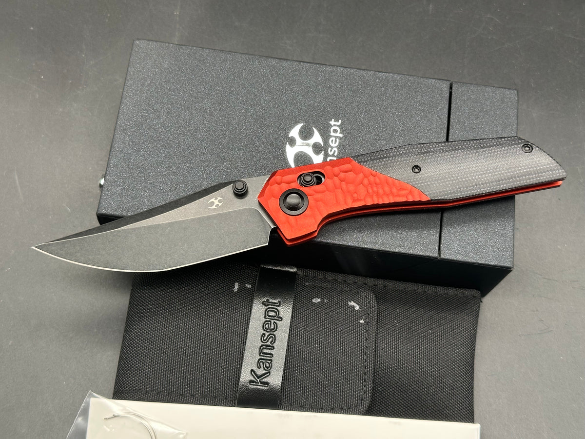 KANSEPT DEADITE RED ALUMINUM ROCK TEXTURE/BLACK MICARTA HANDLE 154CM BLACKWASH FINISH