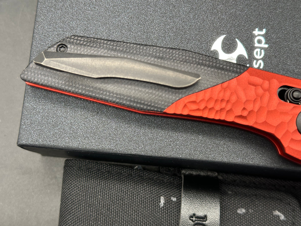 KANSEPT DEADITE RED ALUMINUM ROCK TEXTURE/BLACK MICARTA HANDLE 154CM BLACKWASH FINISH