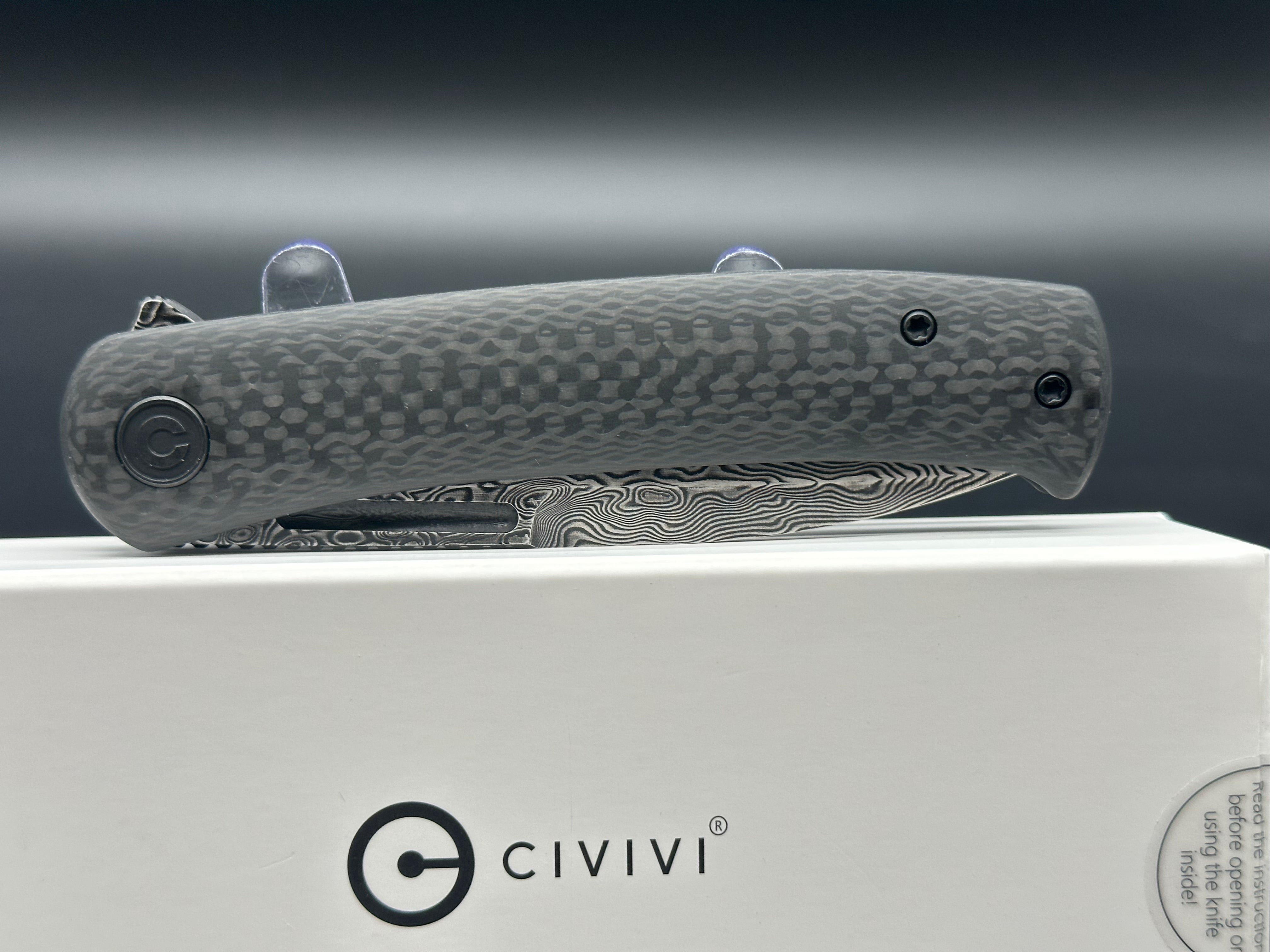 Civivi Caetus Twill Carbon Fiber Handle Black Hand Rubbed Damascus Blade