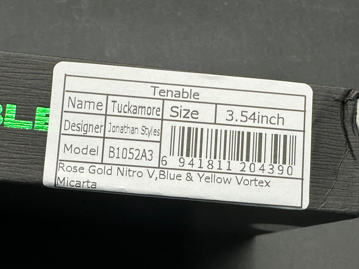 TENABLE TUCKAMORE BLUE & YELLOW VORTEX MICARTA HANDLE 3.54" ROSE GOLD NITRO-V BLADE