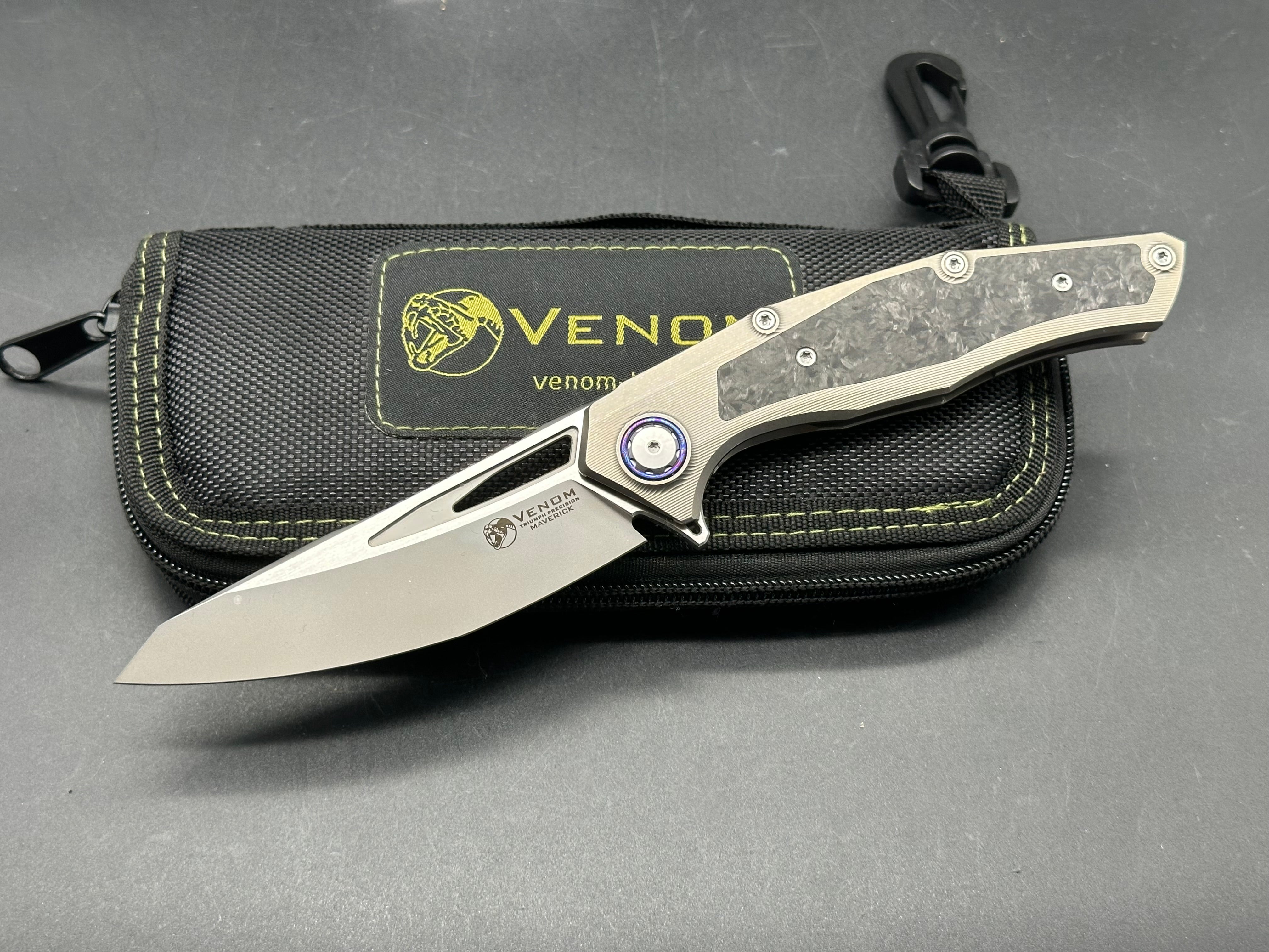 Venom + Kevin John - Maverick/Grey Milled Ti Handle + Carbon Fiber Inlays & Timascus Pivot Collar