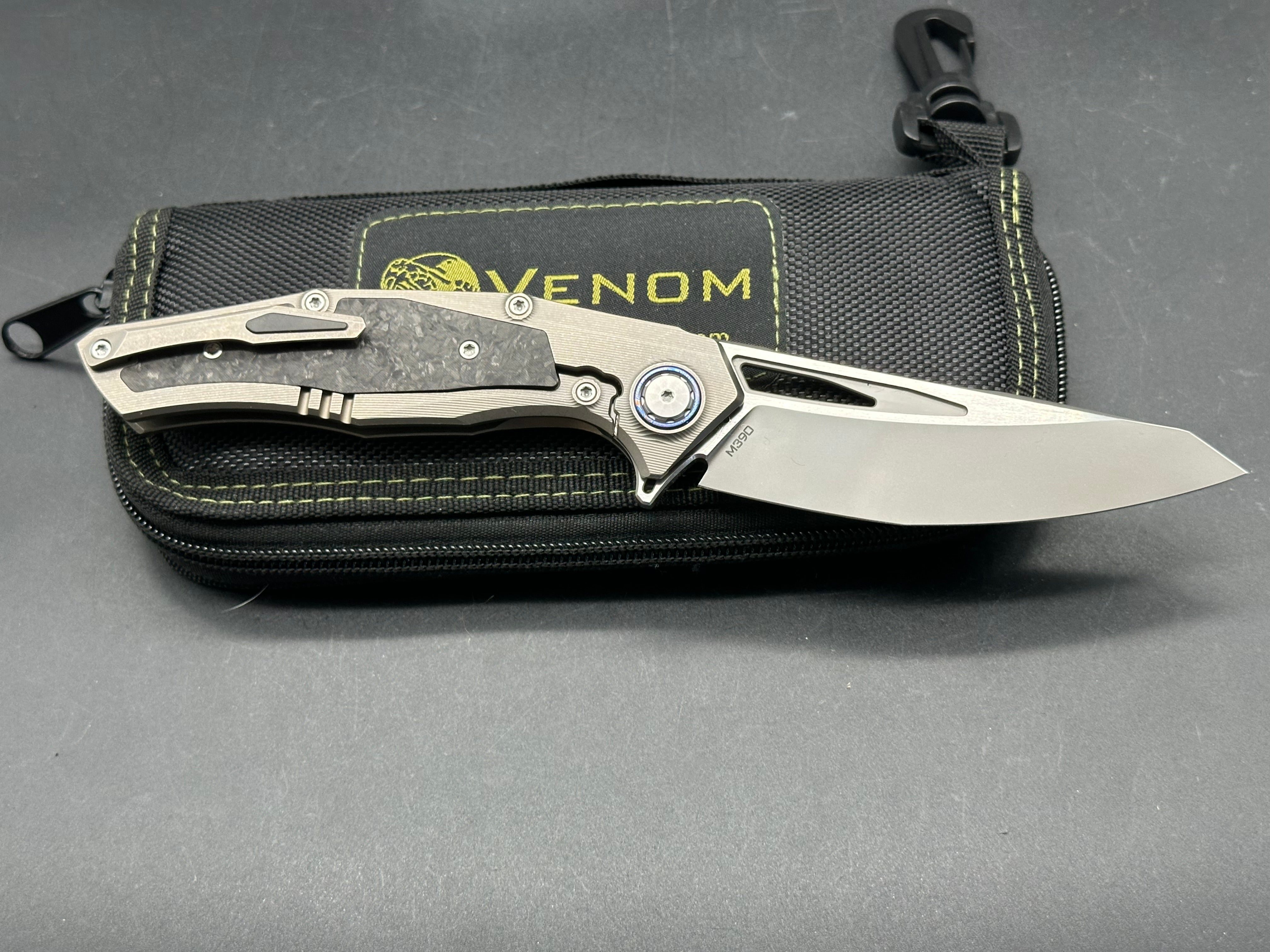Venom + Kevin John - Maverick/Grey Milled Ti Handle + Carbon Fiber Inlays & Timascus Pivot Collar