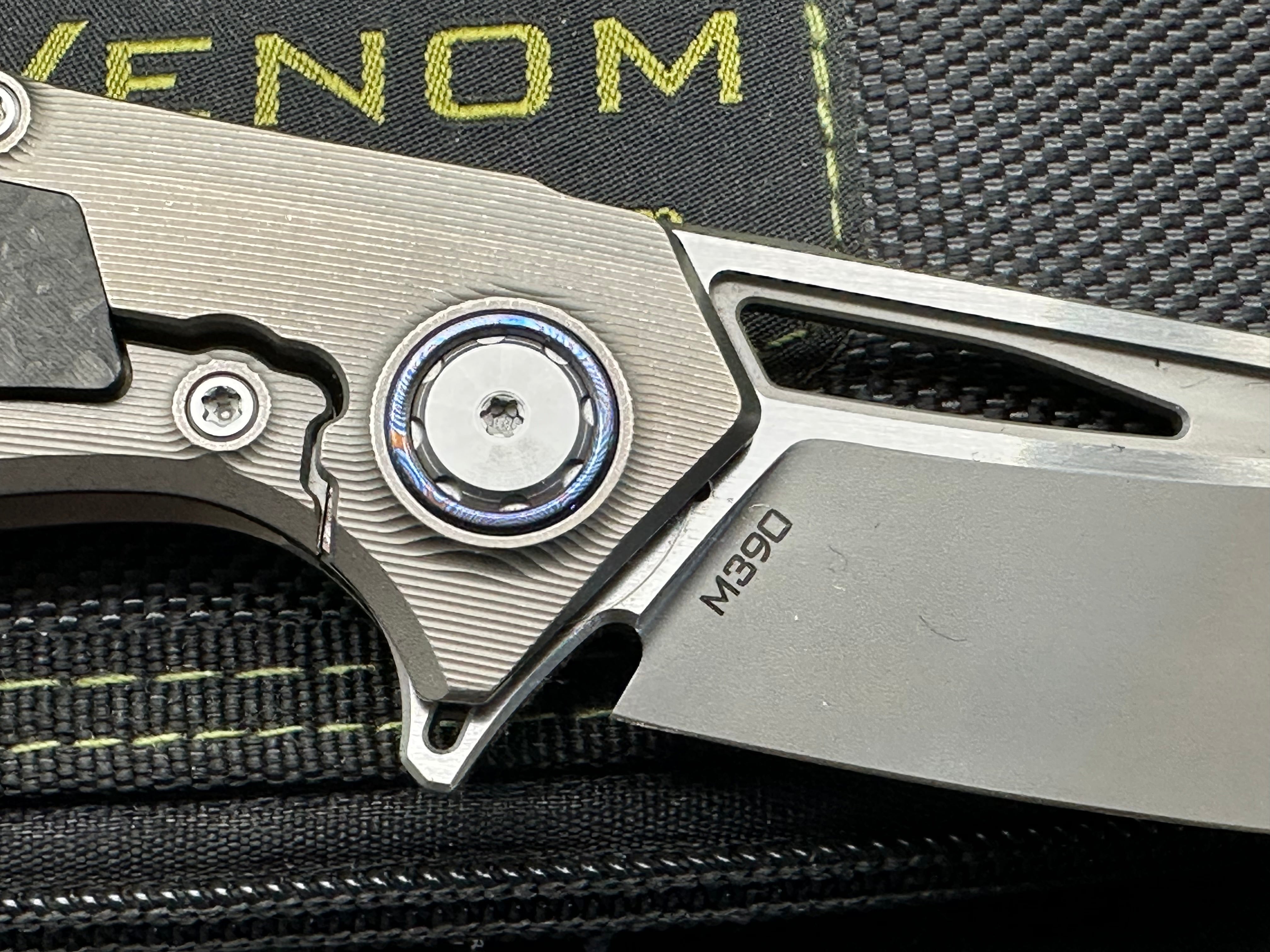 Venom + Kevin John - Maverick/Grey Milled Ti Handle + Carbon Fiber Inlays & Timascus Pivot Collar