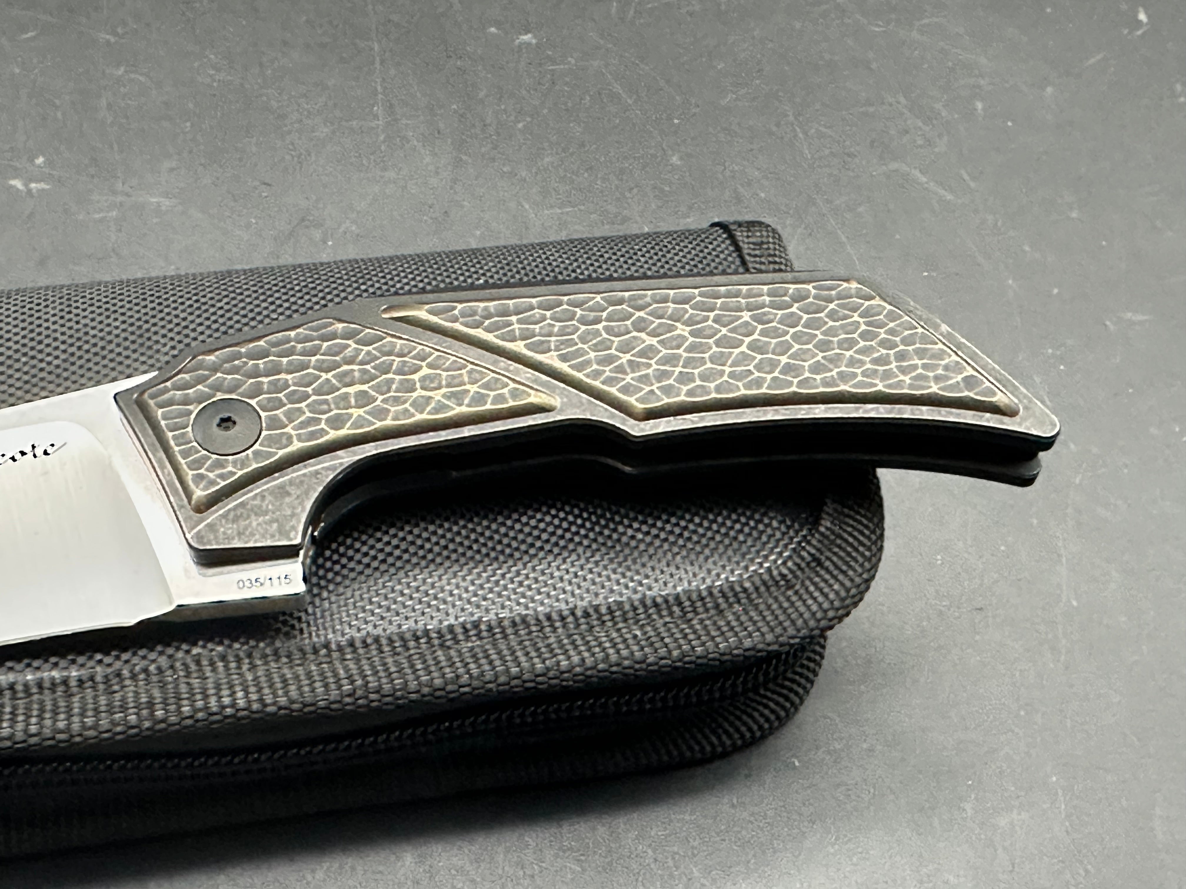 Reate Knives + Tashi Bharucha - T3500/Bronze Ti Frame + Texture Brass Inlays