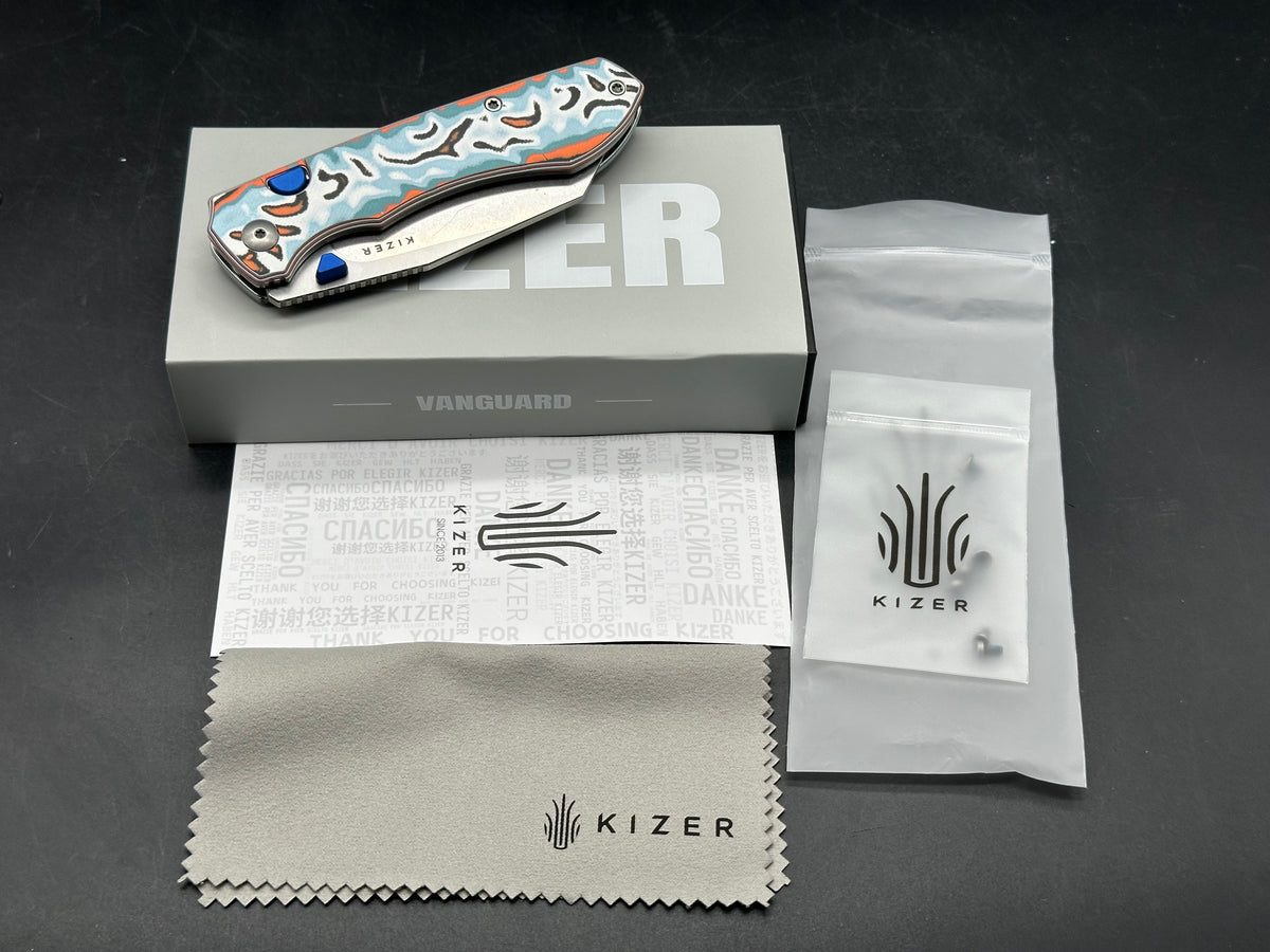Kizer Wharning button liner lock knife vortex pattern micarta handle 3.4 inch blade of N690