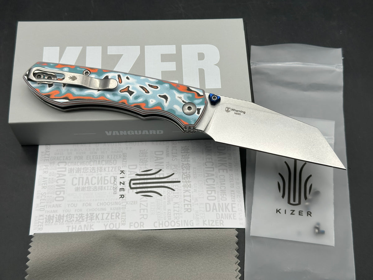Kizer Wharning button liner lock knife vortex pattern micarta handle 3.4 inch blade of N690