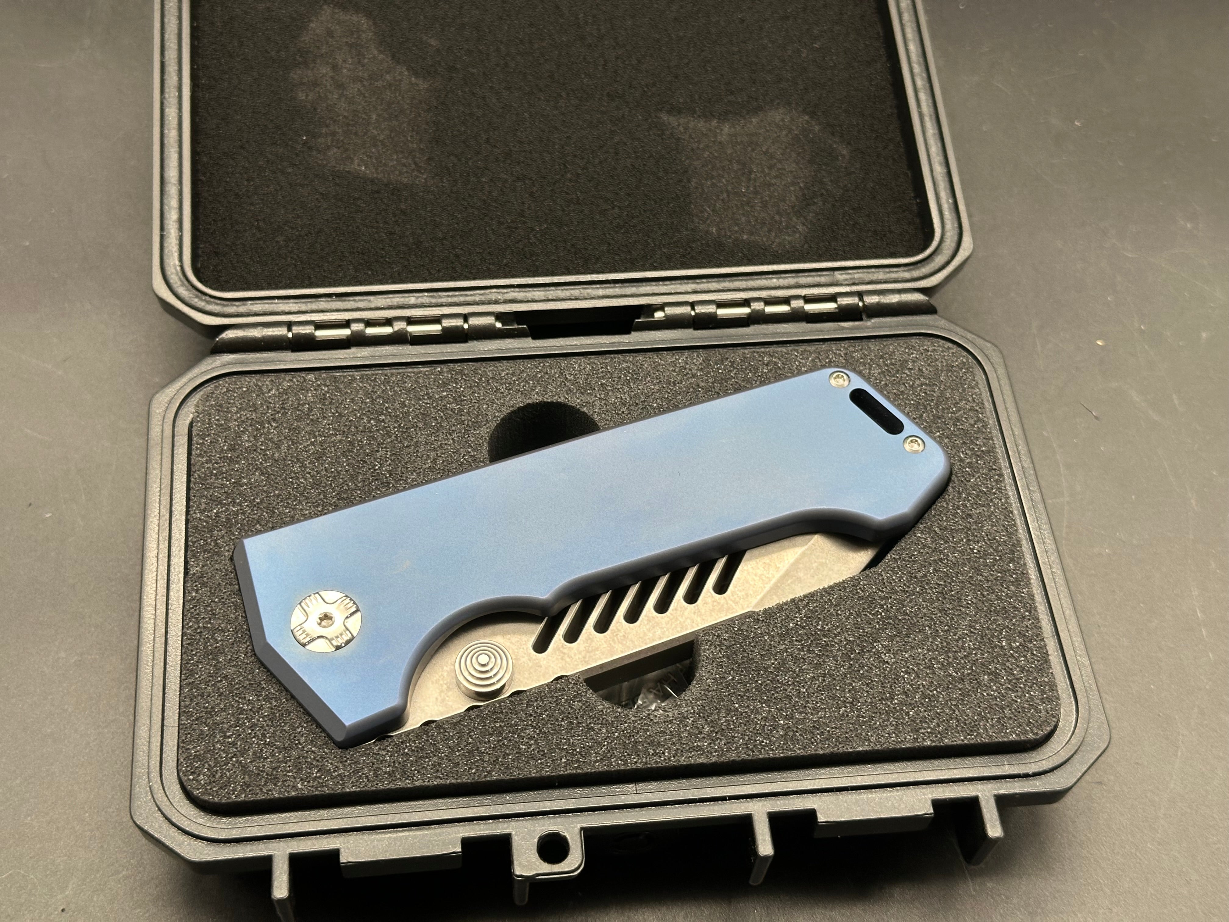 PMP Knives - Alpha Beast/Blue Ti Handle + Custom Lightening Ano Clip/Clip Point Tanto/Satin Magnacut