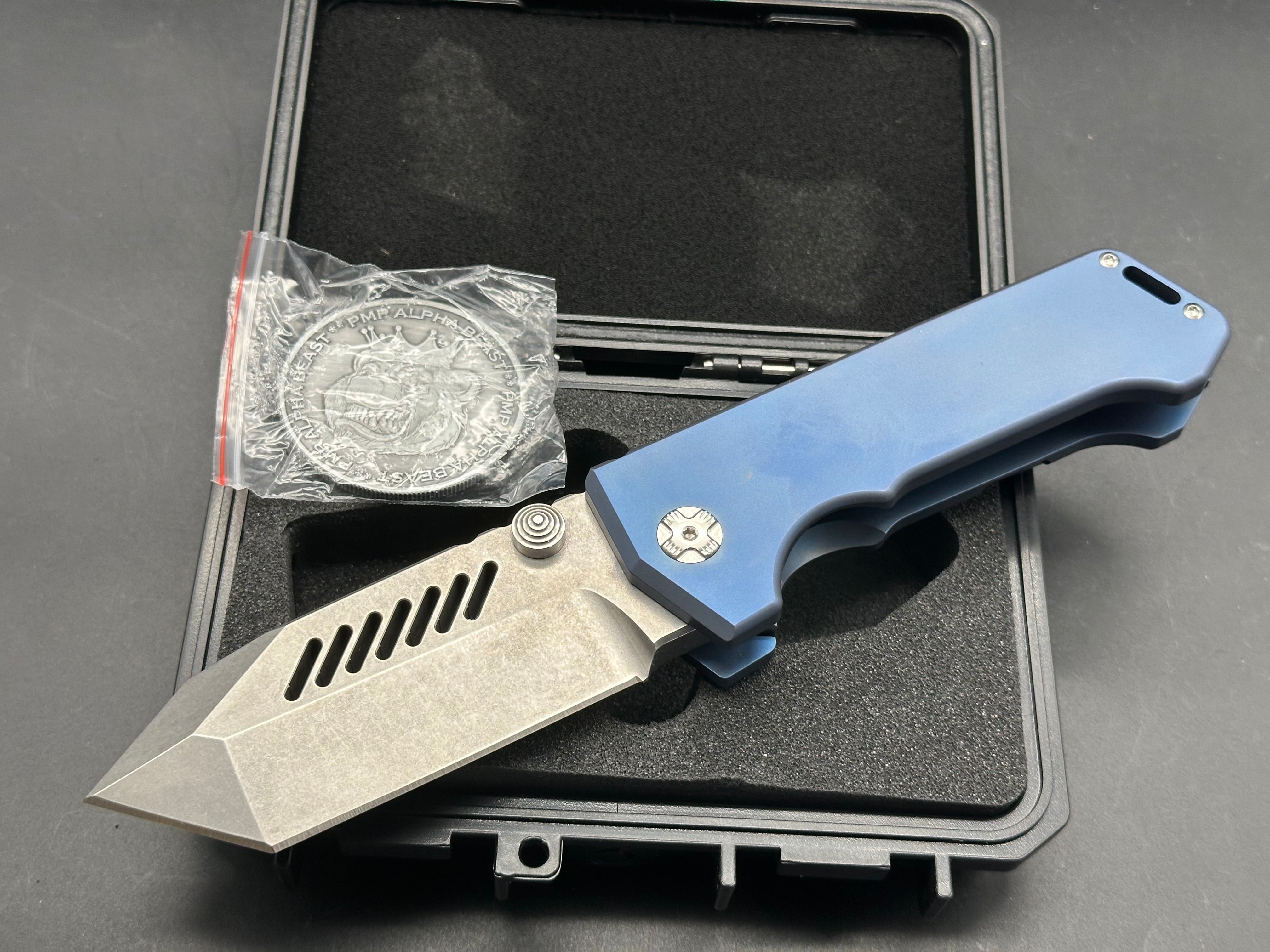 PMP Knives - Alpha Beast/Blue Ti Handle + Custom Lightening Ano Clip/Clip Point Tanto/Satin Magnacut