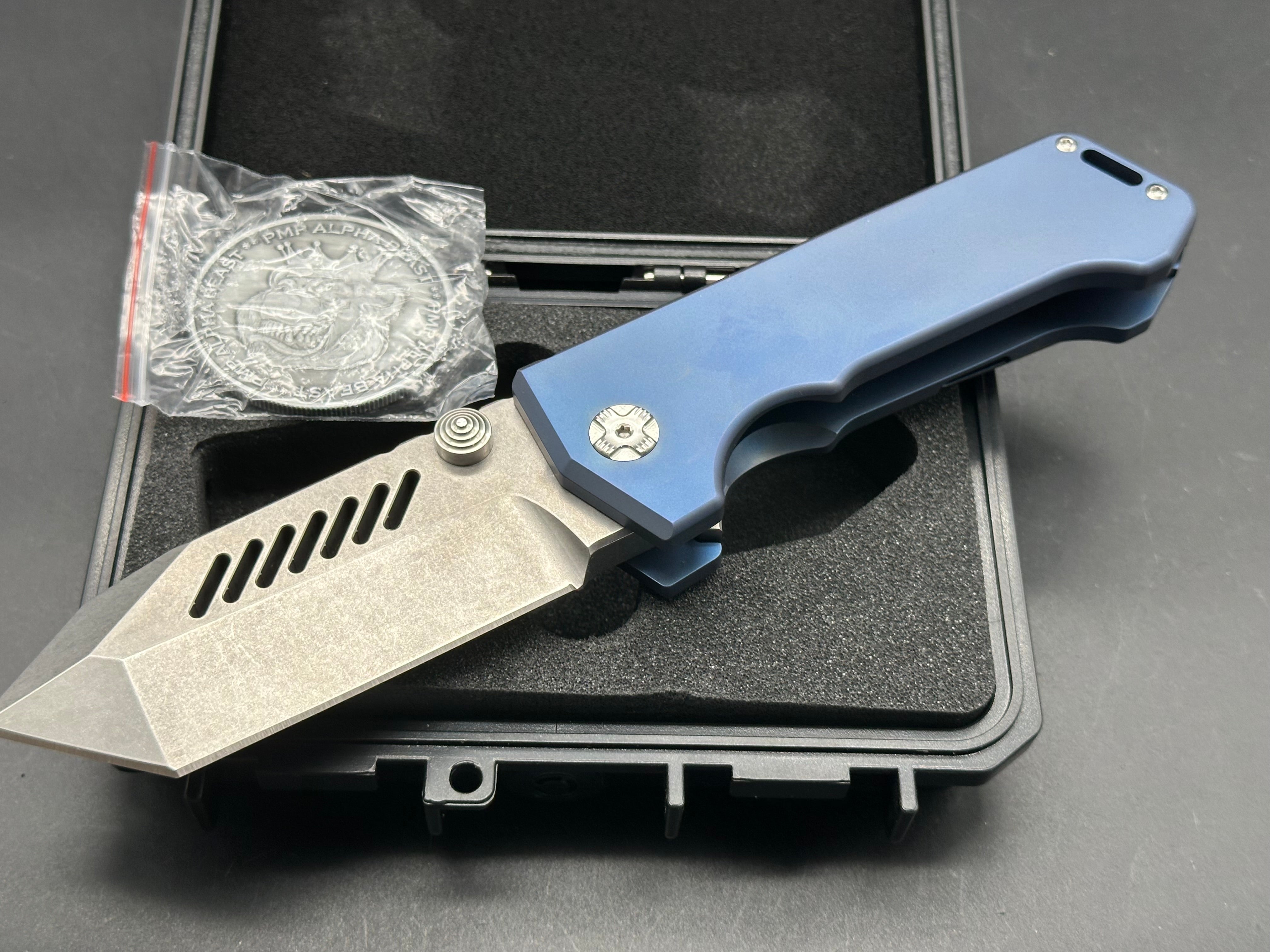 PMP Knives - Alpha Beast/Blue Ti Handle + Custom Lightening Ano Clip/Clip Point Tanto/Satin Magnacut