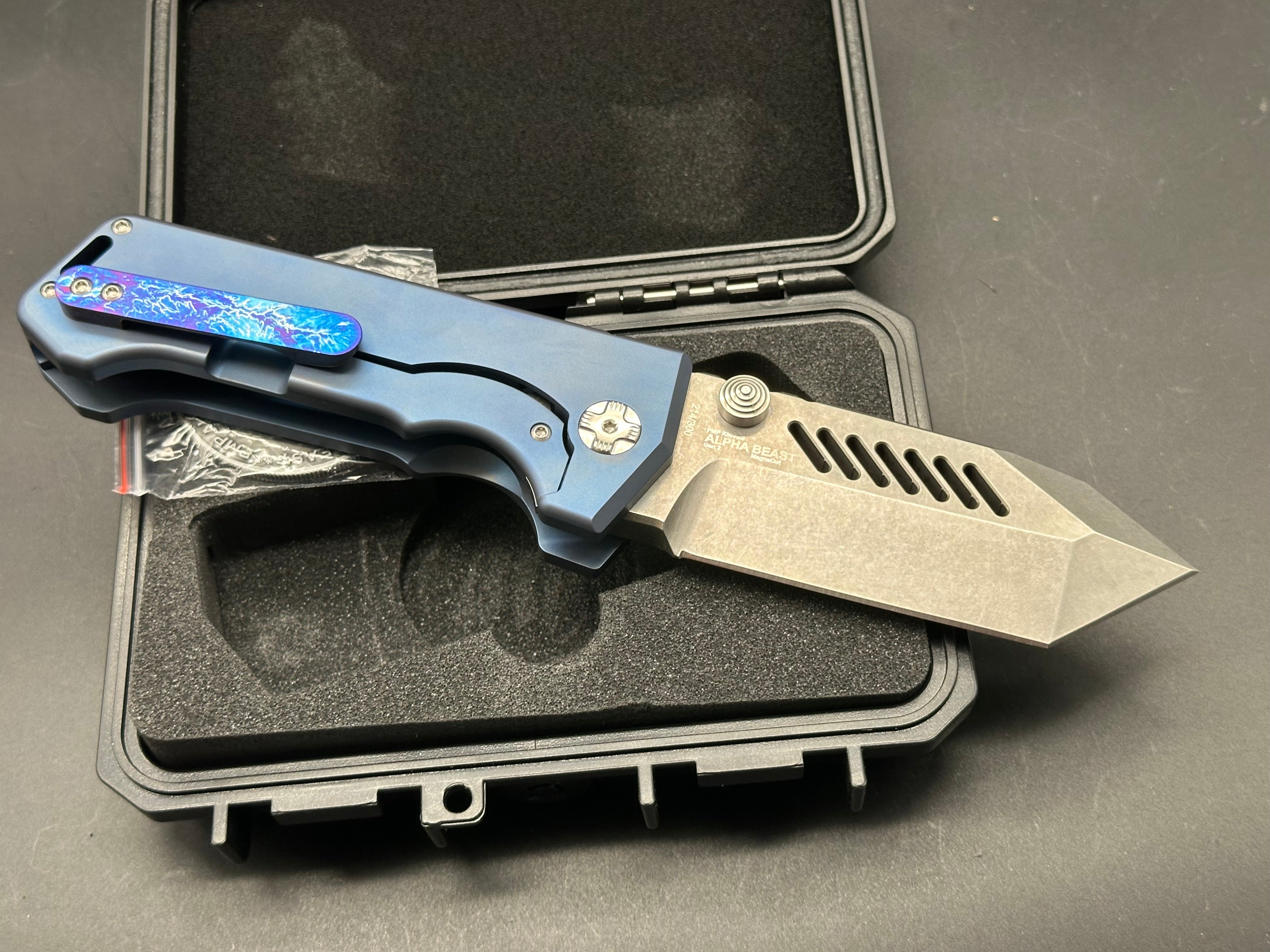 PMP Knives - Alpha Beast/Blue Ti Handle + Custom Lightening Ano Clip/Clip Point Tanto/Satin Magnacut