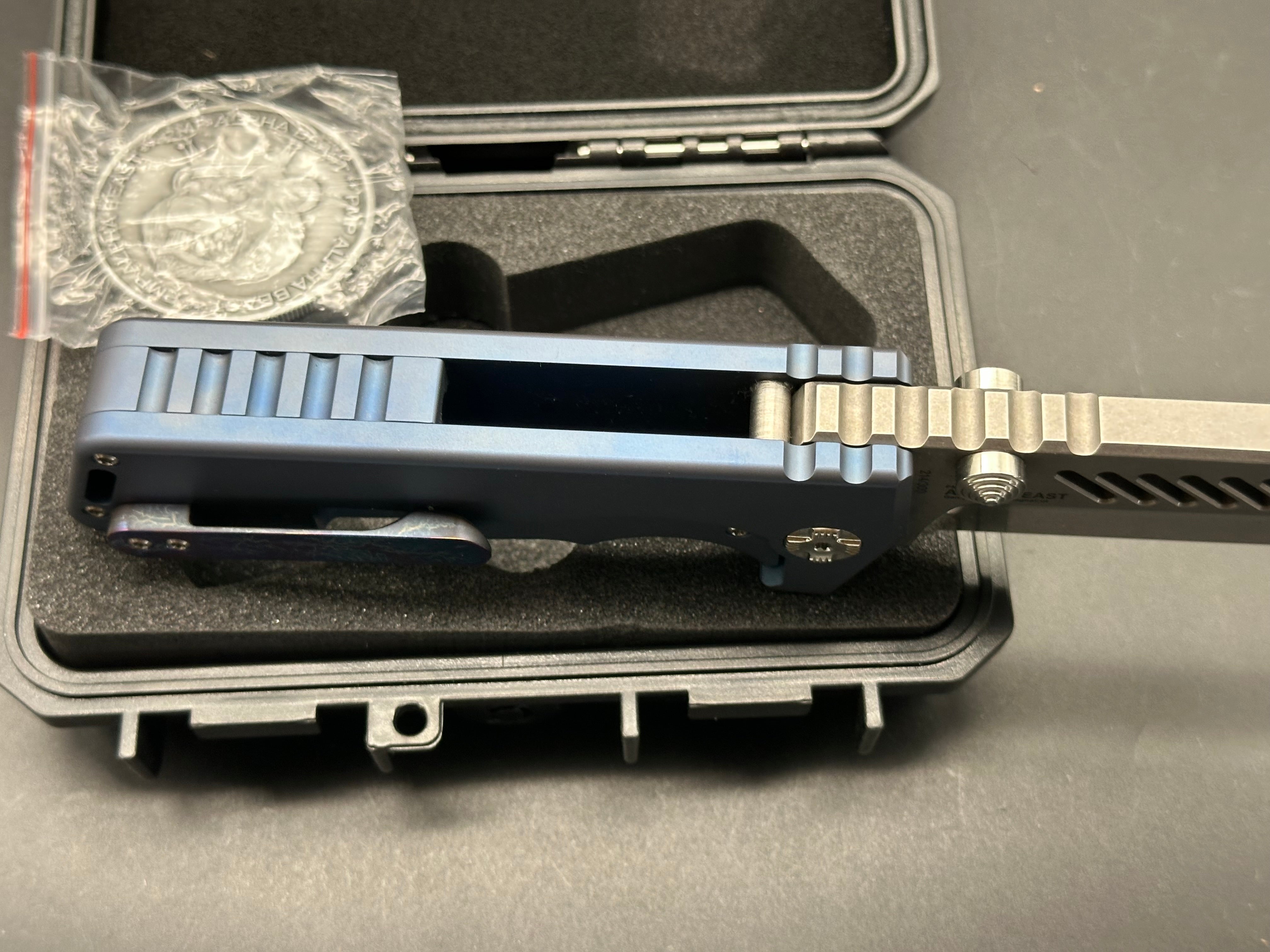 PMP Knives - Alpha Beast/Blue Ti Handle + Custom Lightening Ano Clip/Clip Point Tanto/Satin Magnacut