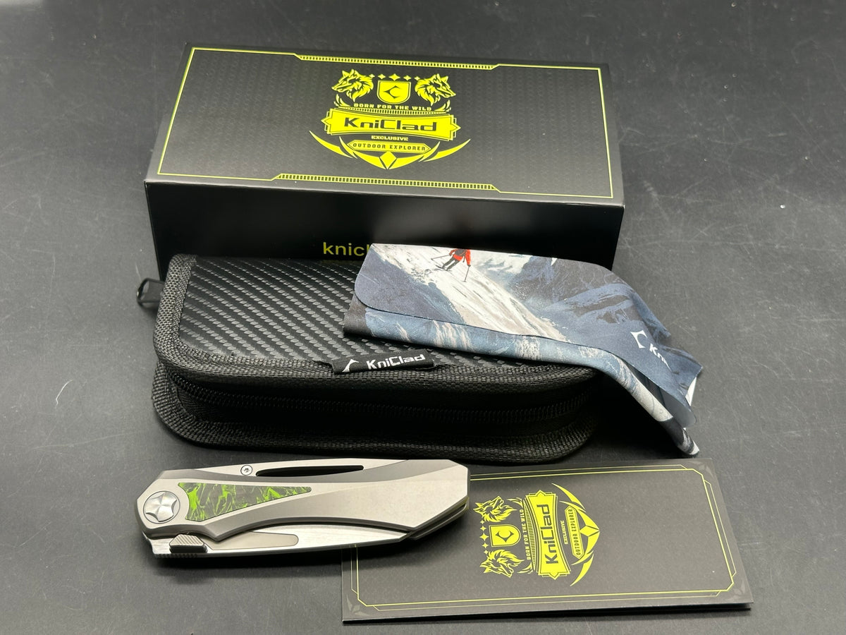 KniClad Prism Pact Silver Titanium & Green Carbon Fiber Handle Thumb Stud Liner Lock (3.43" Brushed S35VN)