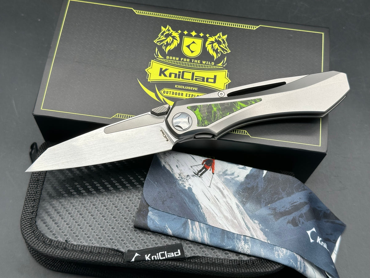 KniClad Prism Pact Silver Titanium & Green Carbon Fiber Handle Thumb Stud Liner Lock (3.43" Brushed S35VN)