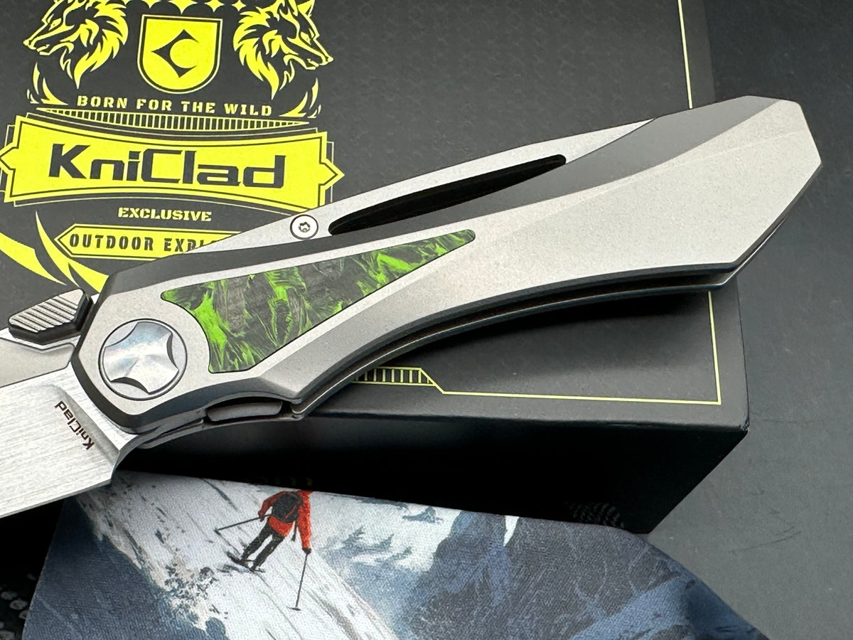 KniClad Prism Pact Silver Titanium & Green Carbon Fiber Handle Thumb Stud Liner Lock (3.43" Brushed S35VN)