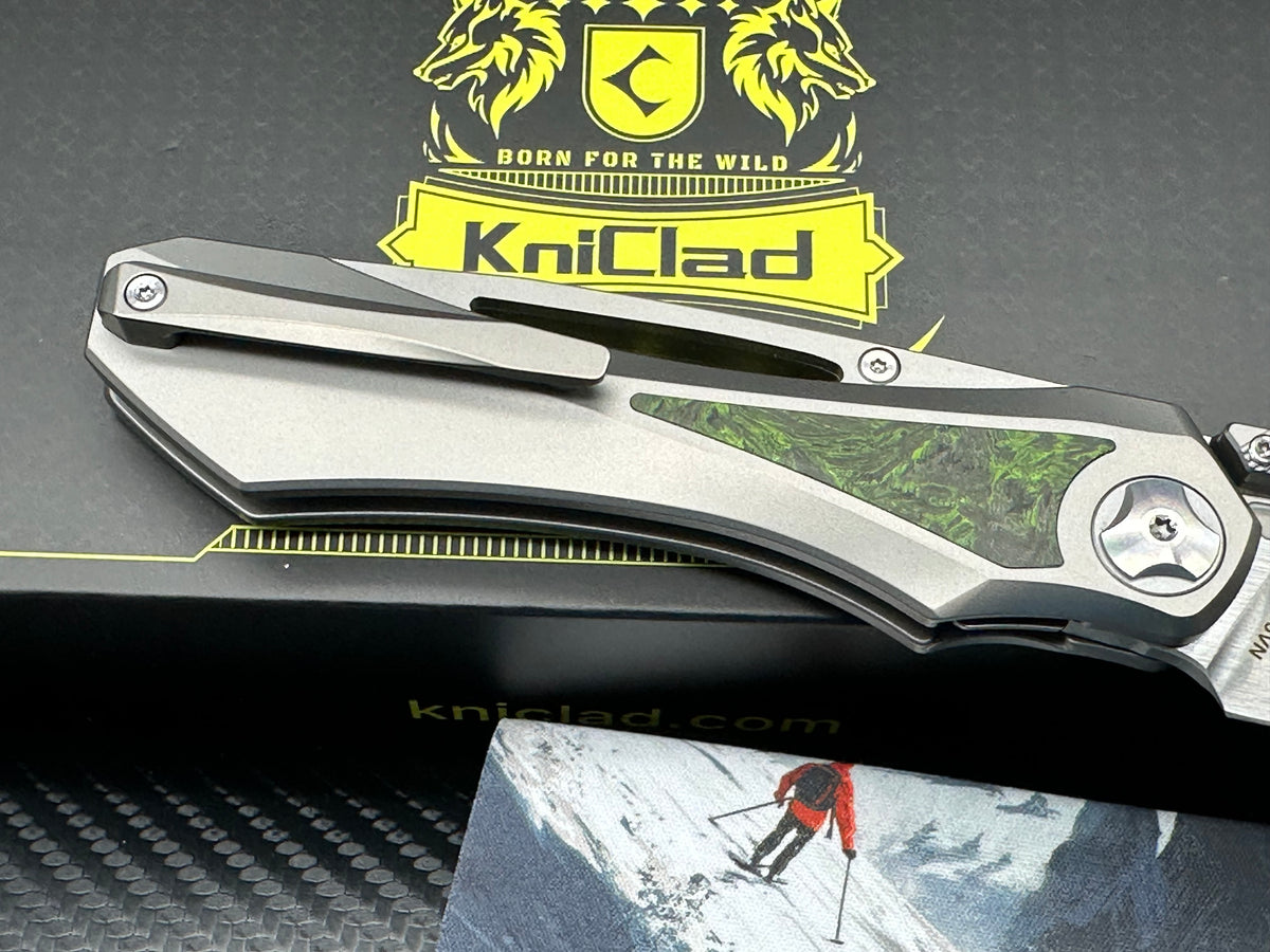 KniClad Prism Pact Silver Titanium & Green Carbon Fiber Handle Thumb Stud Liner Lock (3.43" Brushed S35VN)