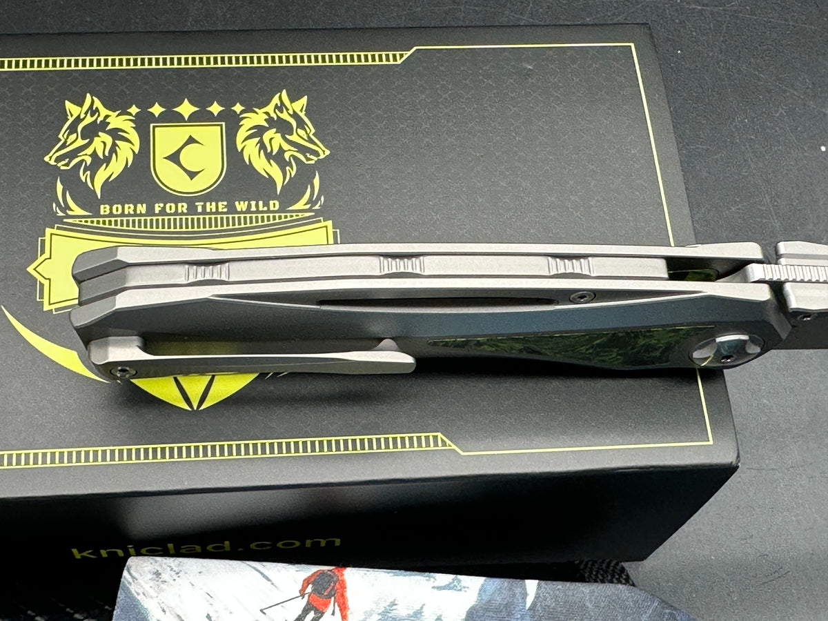 KniClad Prism Pact Silver Titanium & Green Carbon Fiber Handle Thumb Stud Liner Lock (3.43" Brushed S35VN)