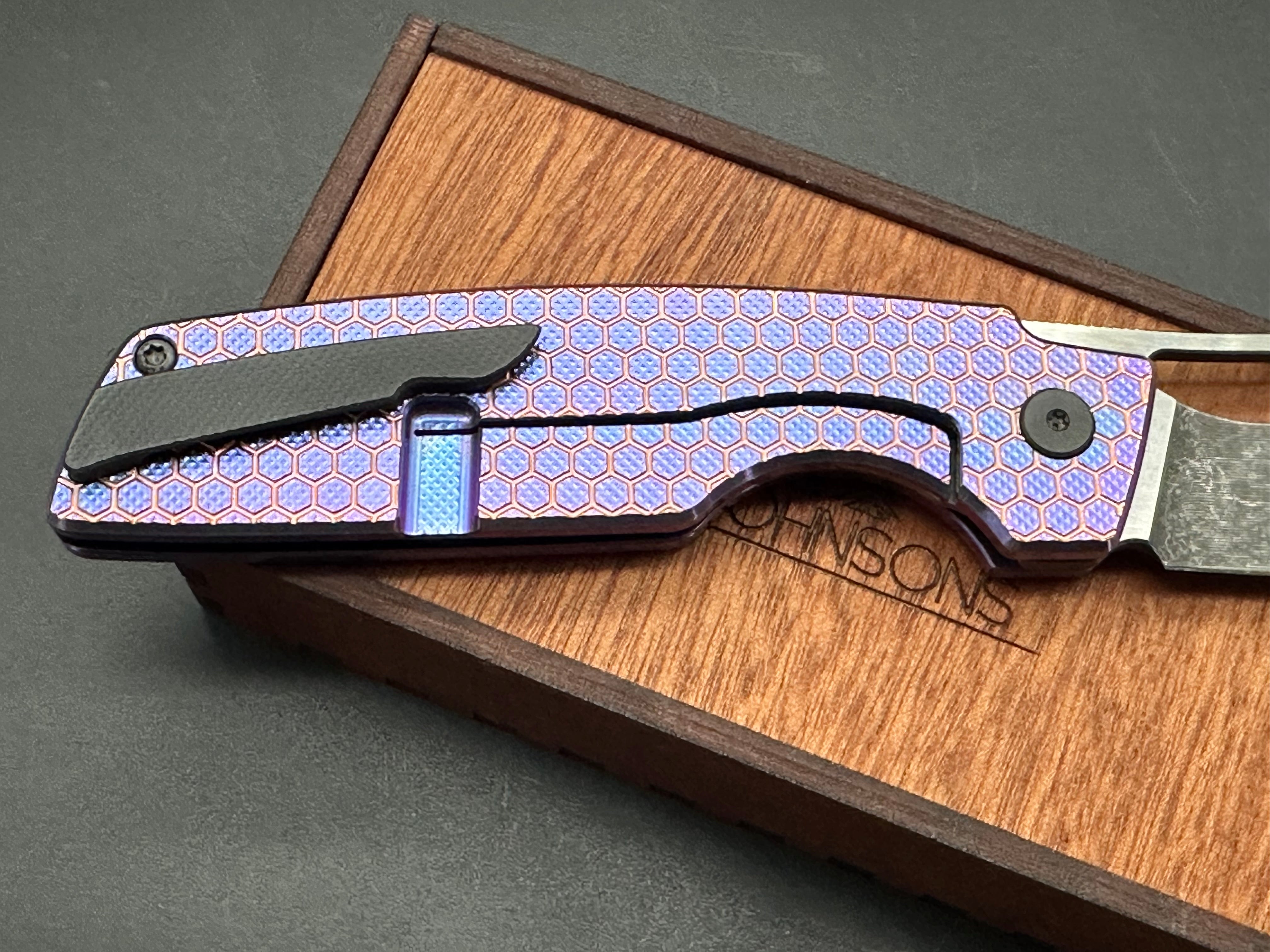 Rob Johnson Cedar 76V Purple titanium handle and rose gold hardware M390 acid washed blade