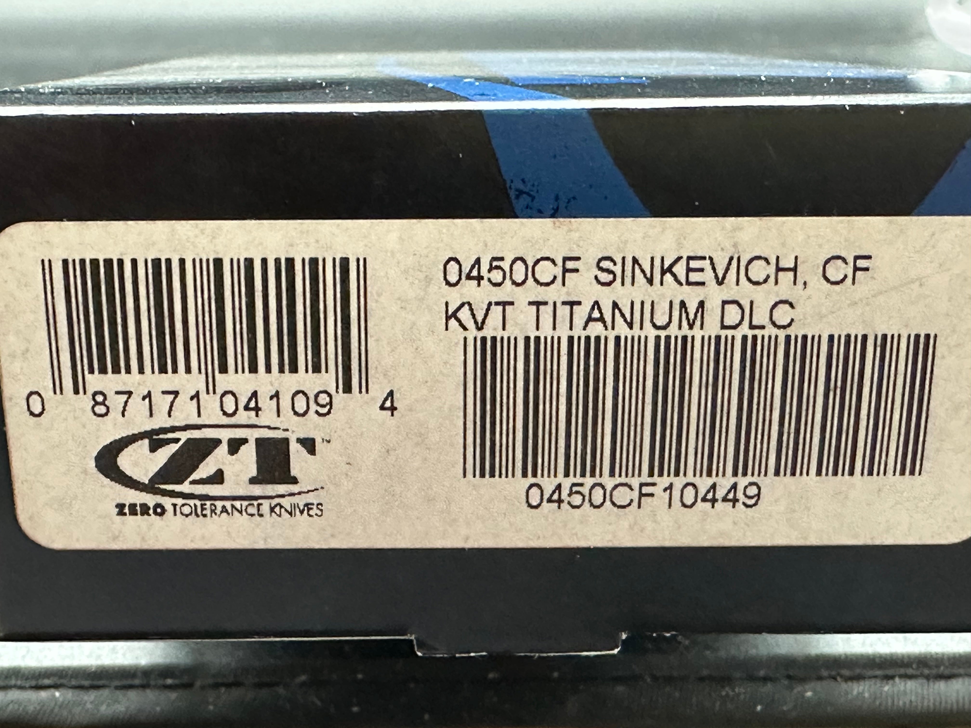 Zero Tolerance ZT 450 Sinkevich design: Dmitry Sinkevich design. 3.25 inch DLC black, stonewashed, drop point CPM-S35VN blade