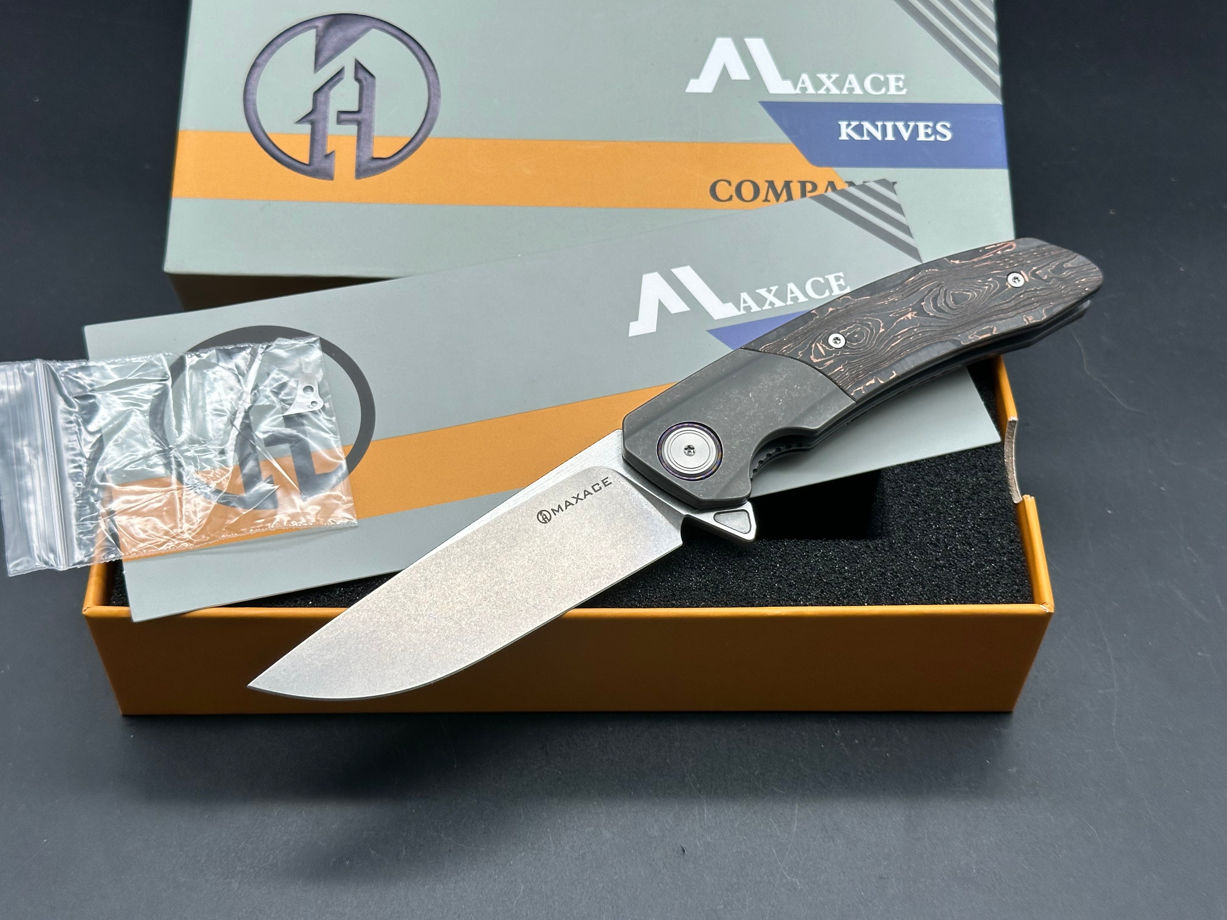 Maxace + Midnight Cat - Mamba/Grey Stonewash Ti + Marble Carbon Inlays + Timascus Backspacer & Pocket Clip