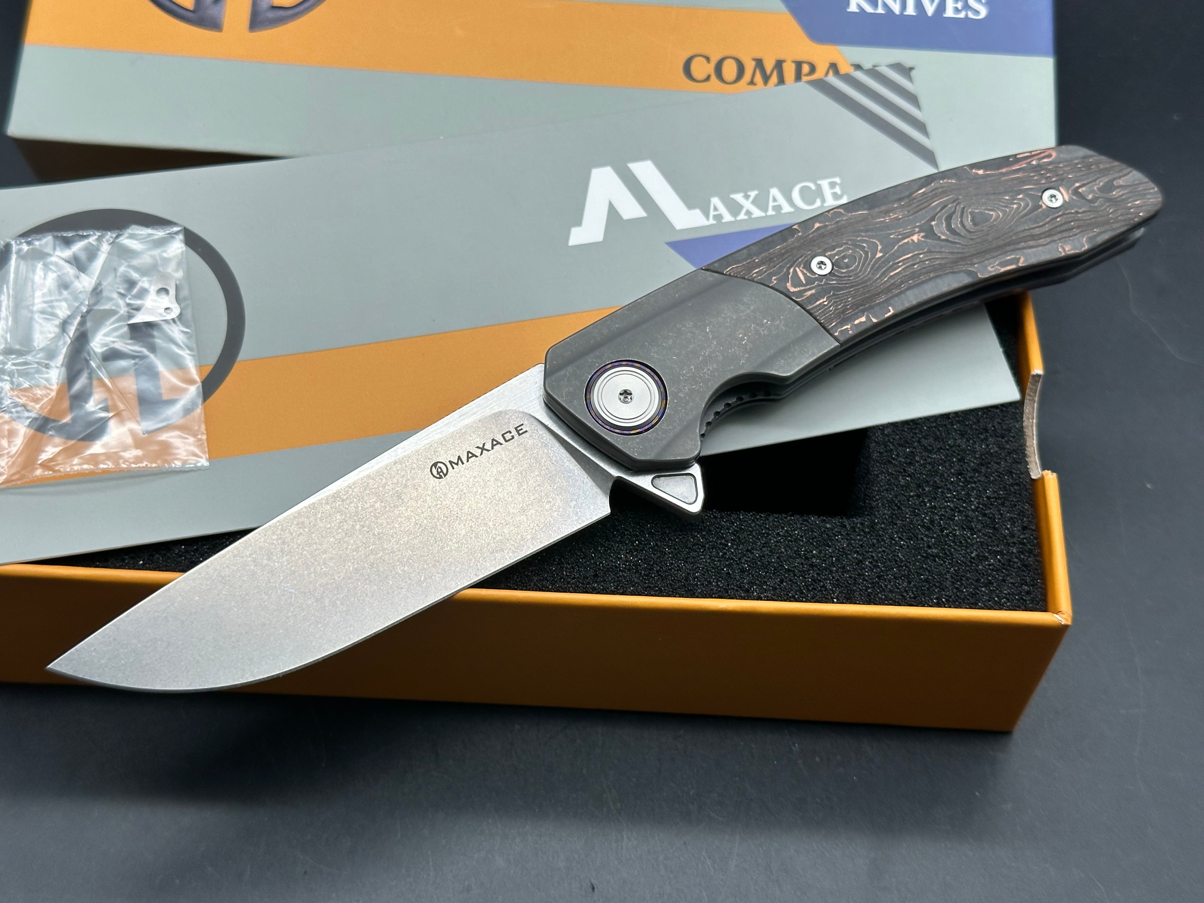 Maxace + Midnight Cat - Mamba/Grey Stonewash Ti + Marble Carbon Inlays + Timascus Backspacer & Pocket Clip