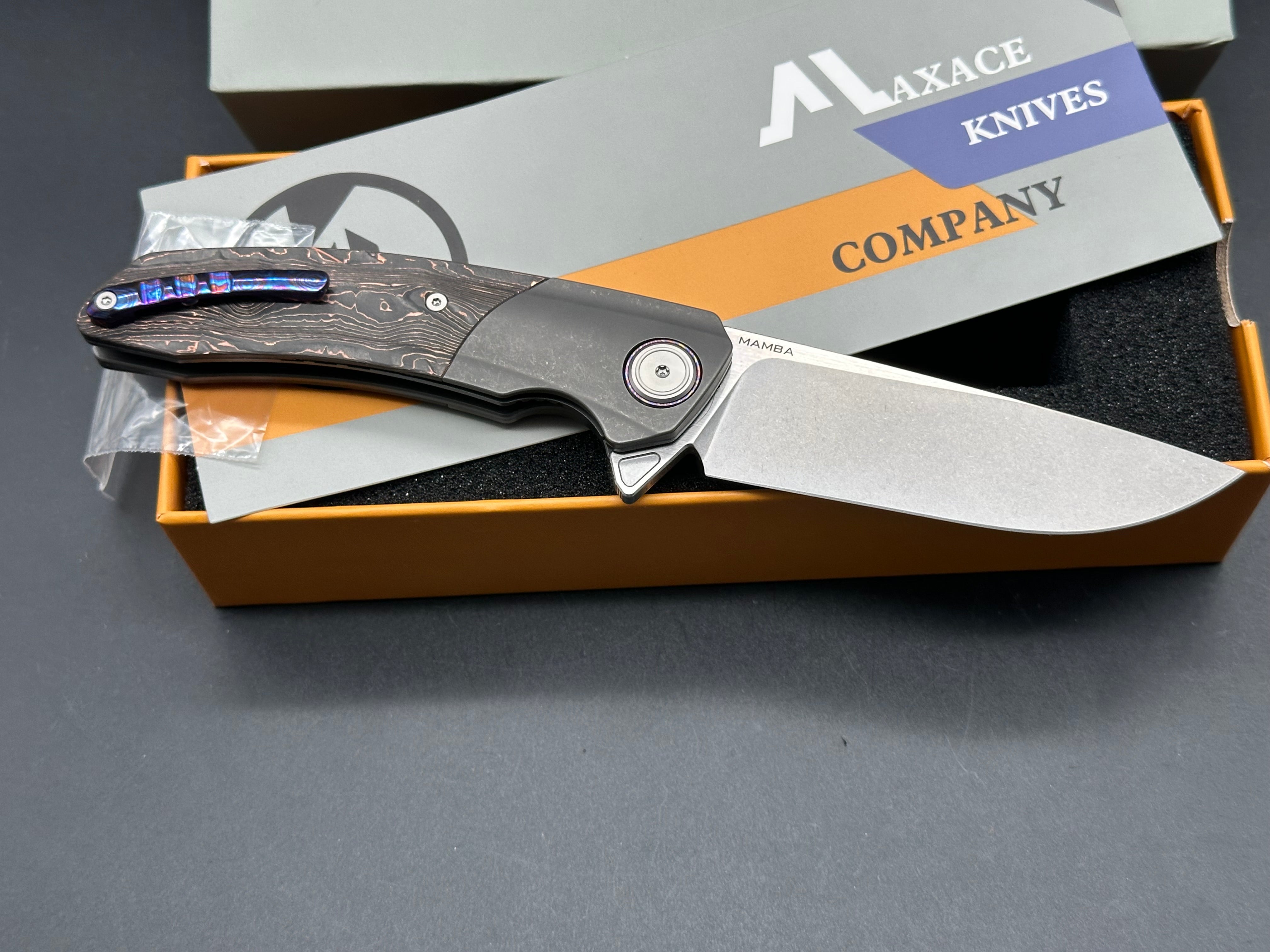 Maxace + Midnight Cat - Mamba/Grey Stonewash Ti + Marble Carbon Inlays + Timascus Backspacer & Pocket Clip