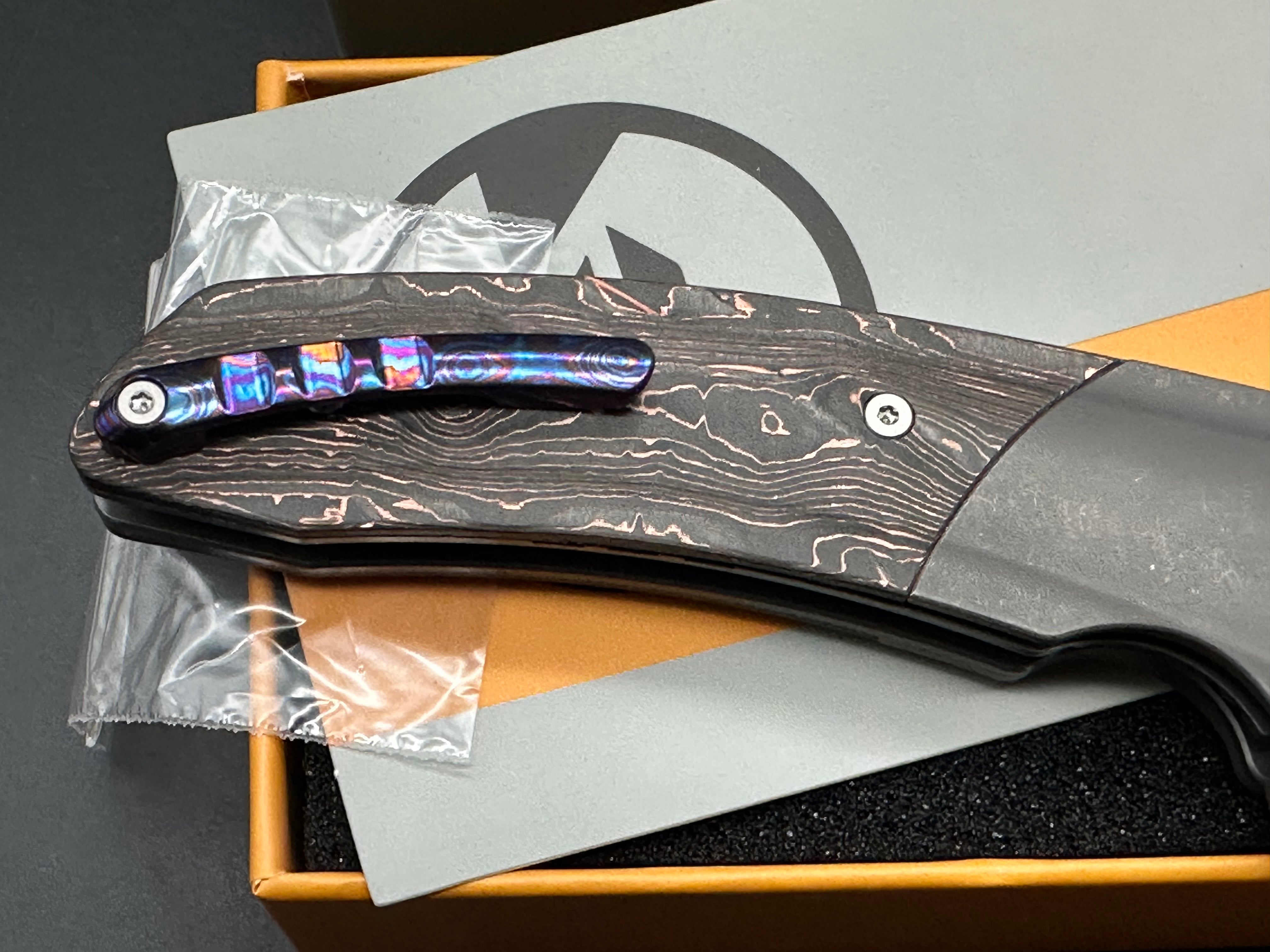 Maxace + Midnight Cat - Mamba/Grey Stonewash Ti + Marble Carbon Inlays + Timascus Backspacer & Pocket Clip