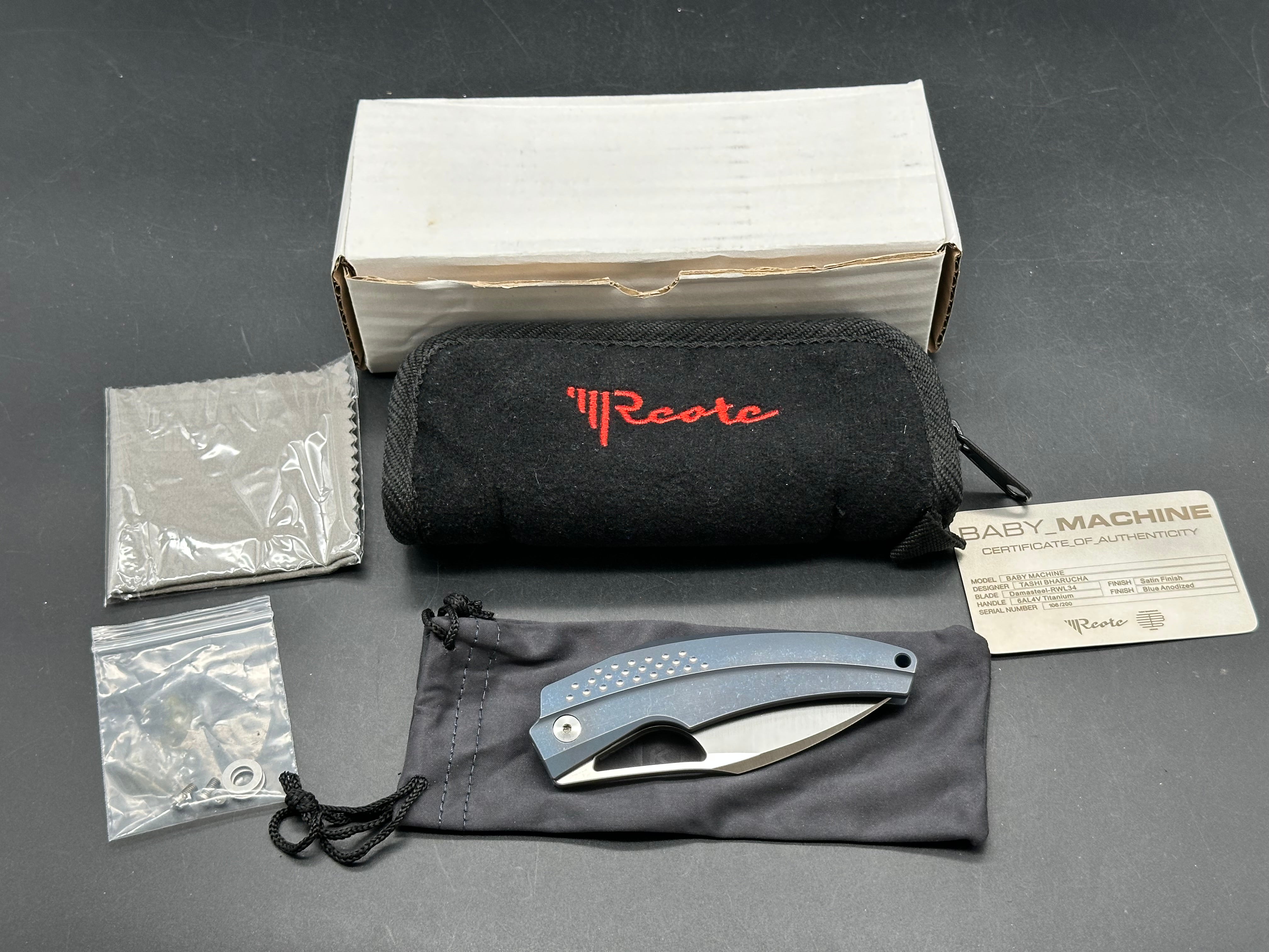 Reate Baby Machine: Tashi Bharucha design. 3.25 inch freeze edged, satin, sheepsfoot, clip point RWL-34 blade