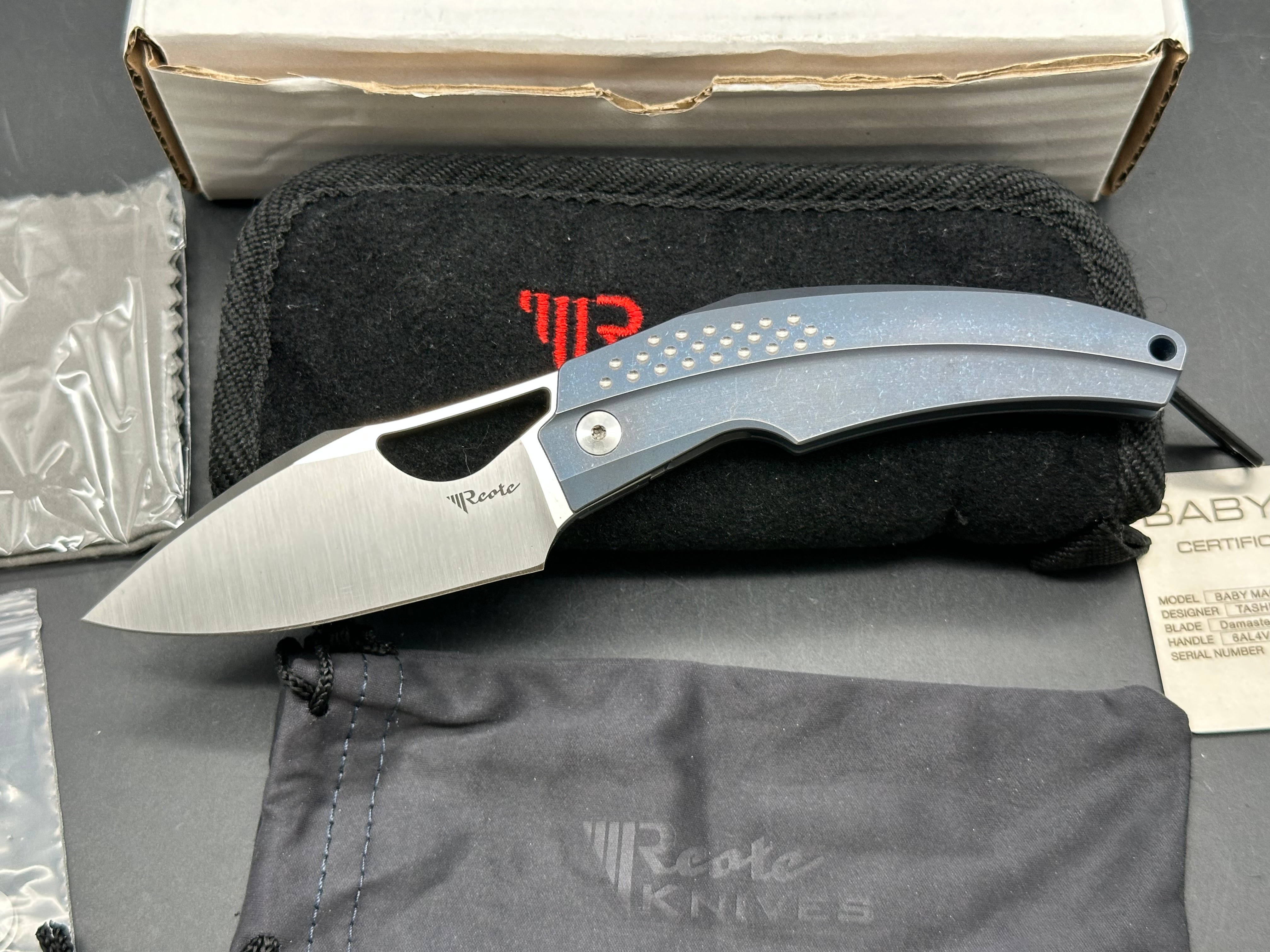Reate Baby Machine: Tashi Bharucha design. 3.25 inch freeze edged, satin, sheepsfoot, clip point RWL-34 blade