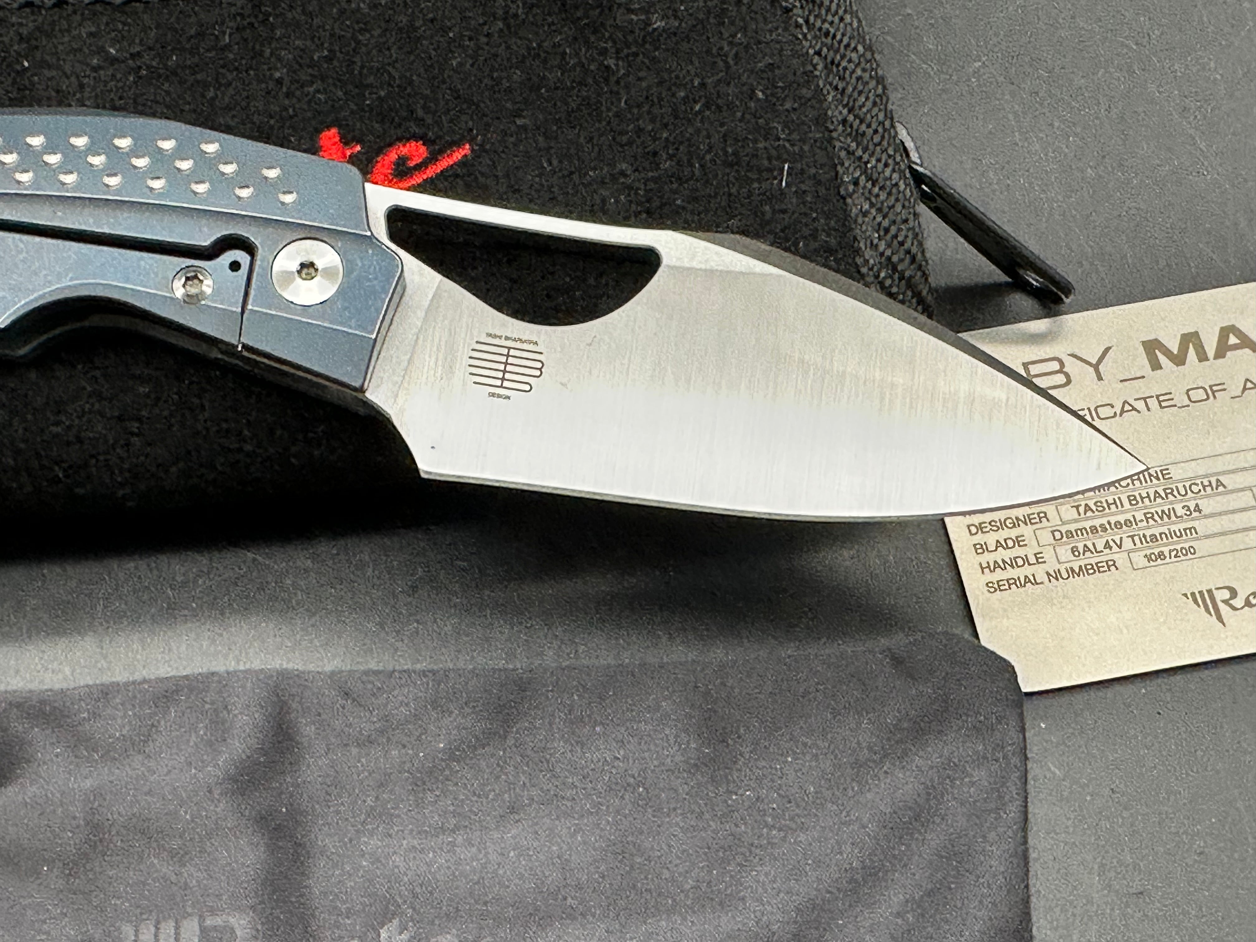 Reate Baby Machine: Tashi Bharucha design. 3.25 inch freeze edged, satin, sheepsfoot, clip point RWL-34 blade